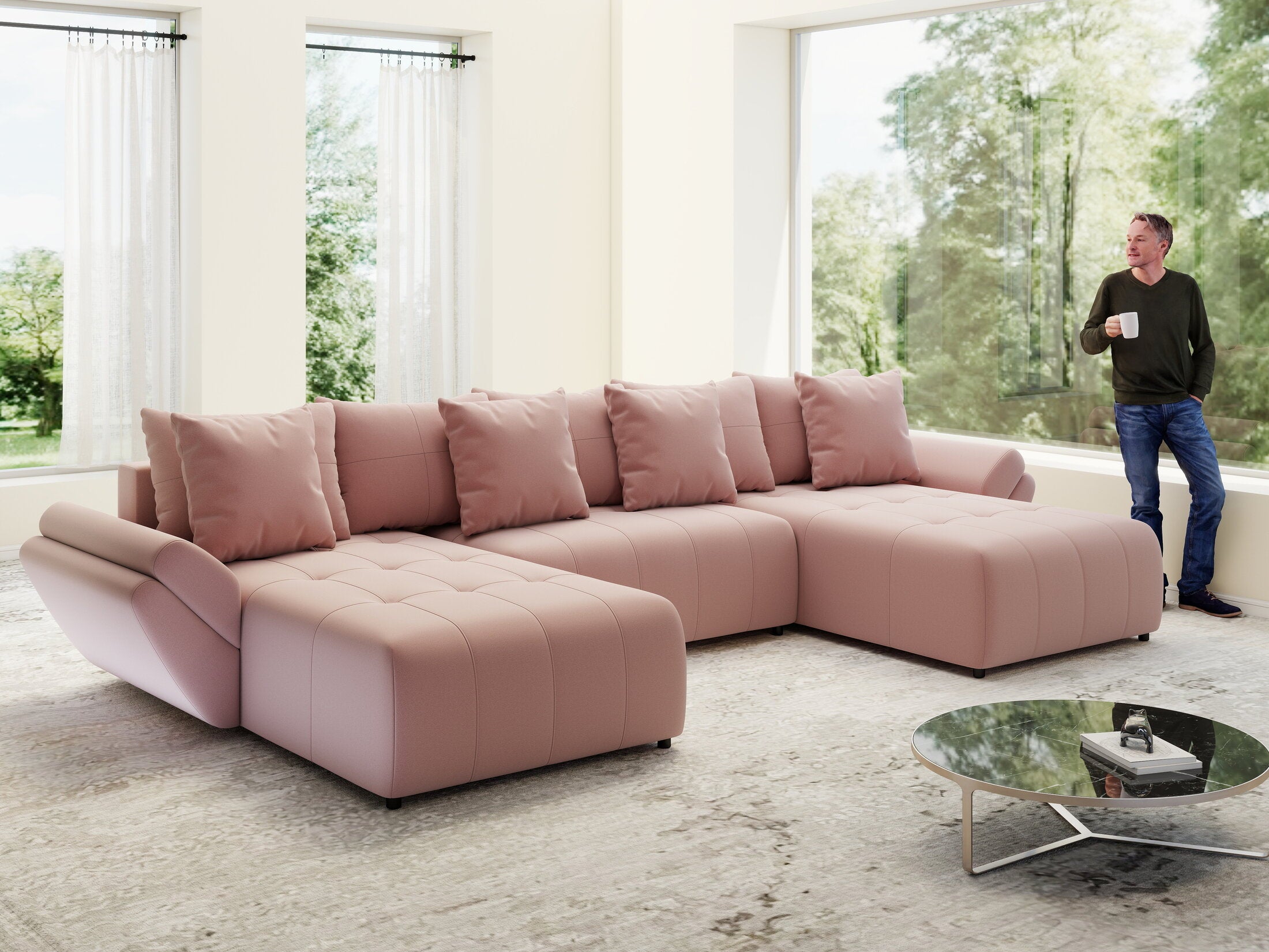 Colțar extensibil dumonde cu ladă de depozitare si sezut confortabil din spuma HR, Berlin U Royal Roz 380x180 cm