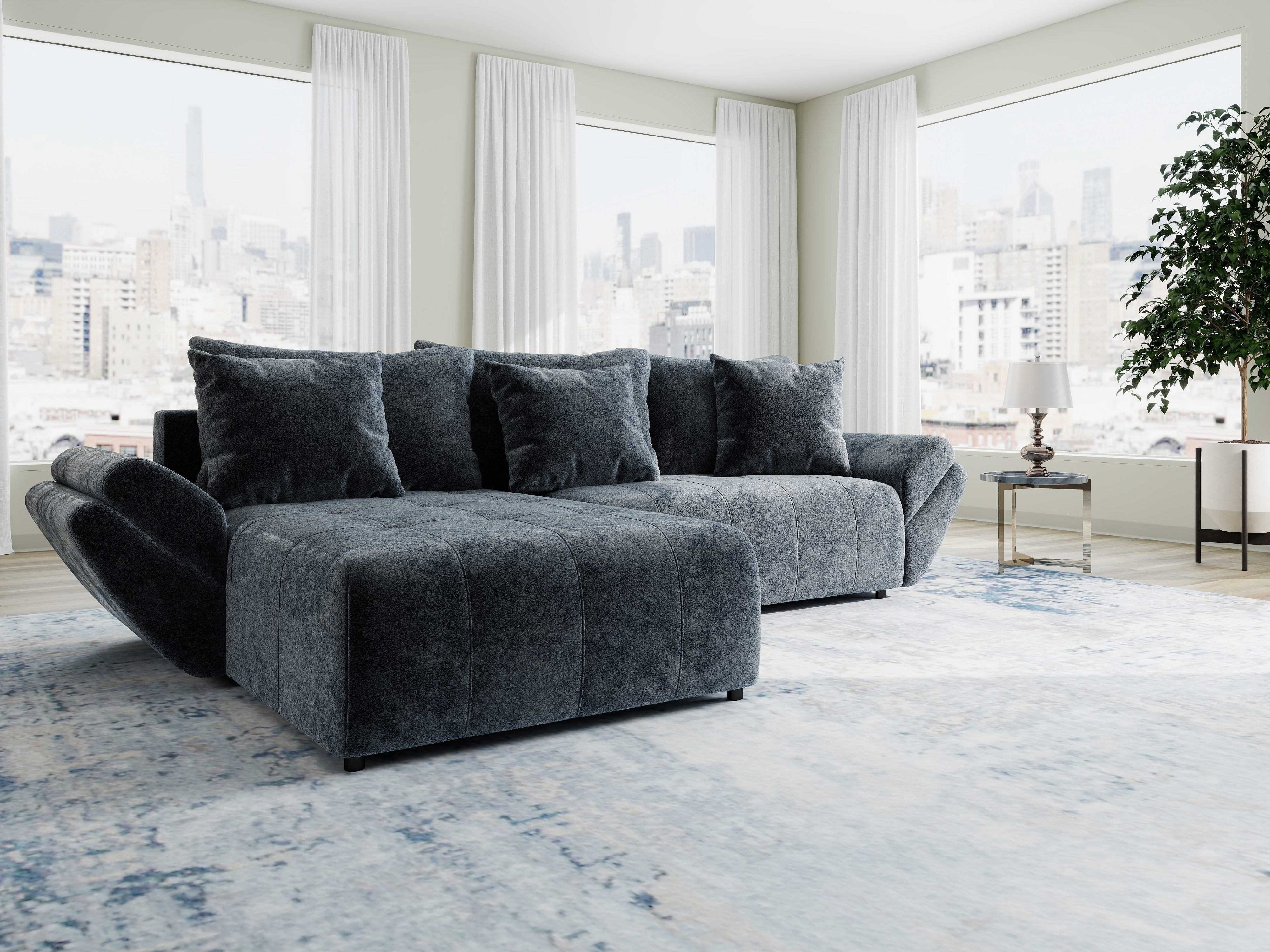 Colțar extensibil dumonde cu ladă de depozitare si sezut confortabil din spuma HR, Berlin Euphoria Gri Grafit 280x185 cm