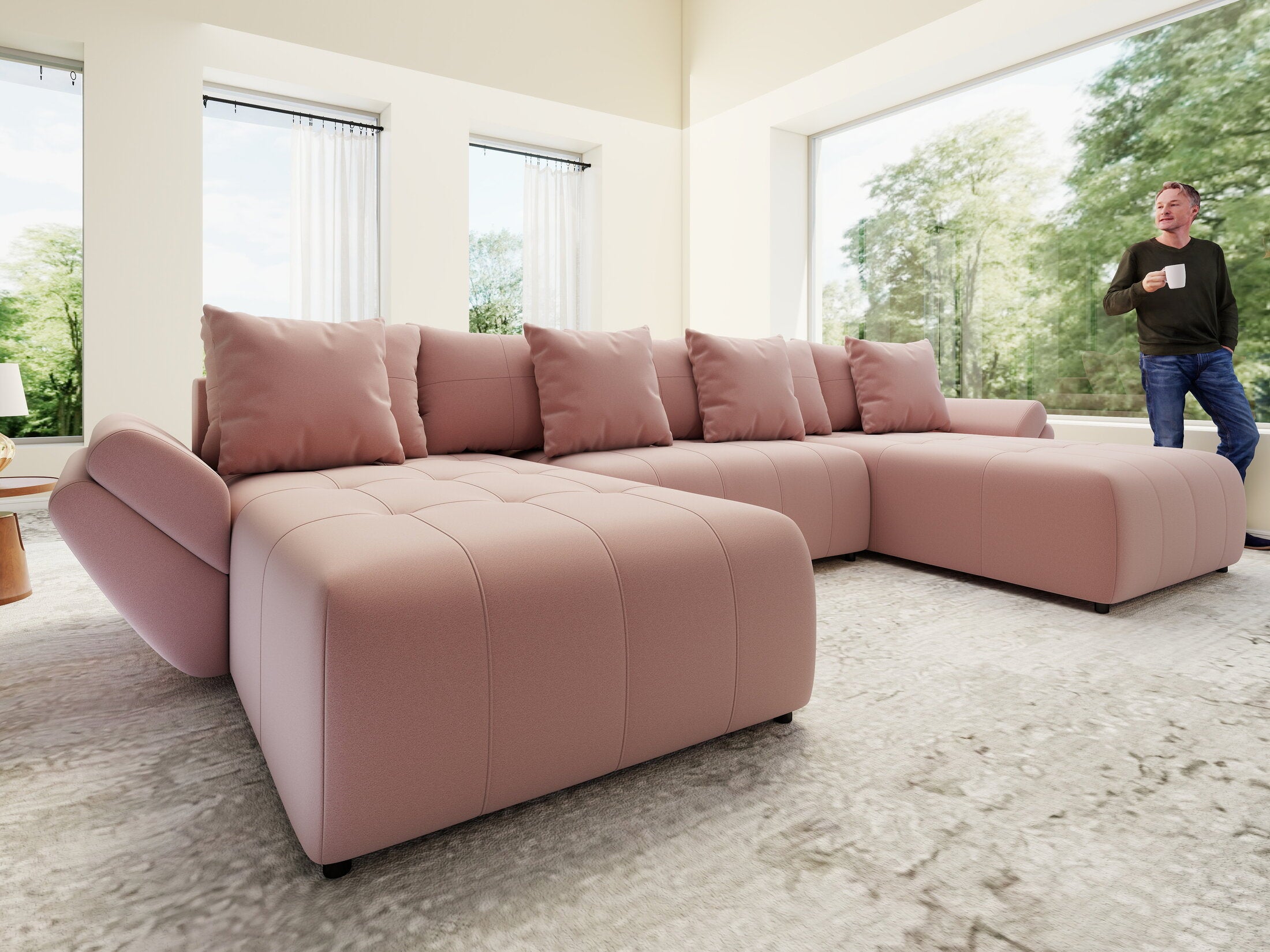 Colțar extensibil dumonde cu ladă de depozitare si sezut confortabil din spuma HR, Berlin U Royal Roz 380x180 cm