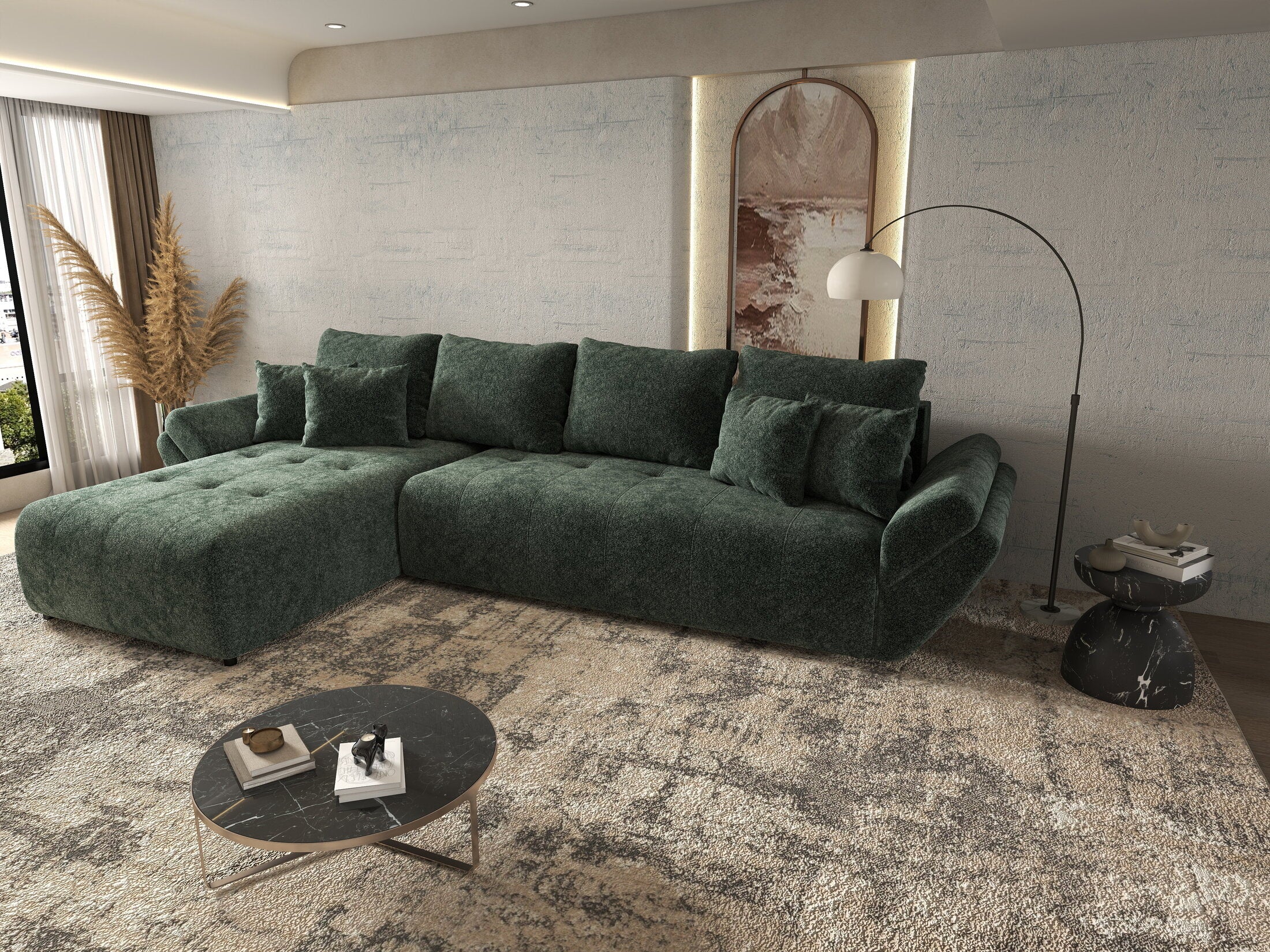 Colțar extensibil dumonde cu ladă de depozitare si sezut confortabil din spuma HR, Berlin XL Euphoria Green 350x185 cm