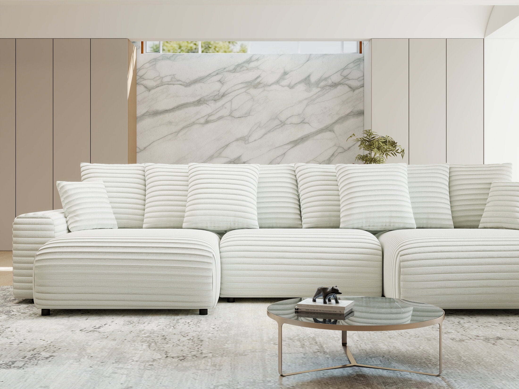 Colțar extensibil dumonde cu ladă de depozitare si sezut confortabil din spuma HR, Luma U Ambience Alb 336x140 cm