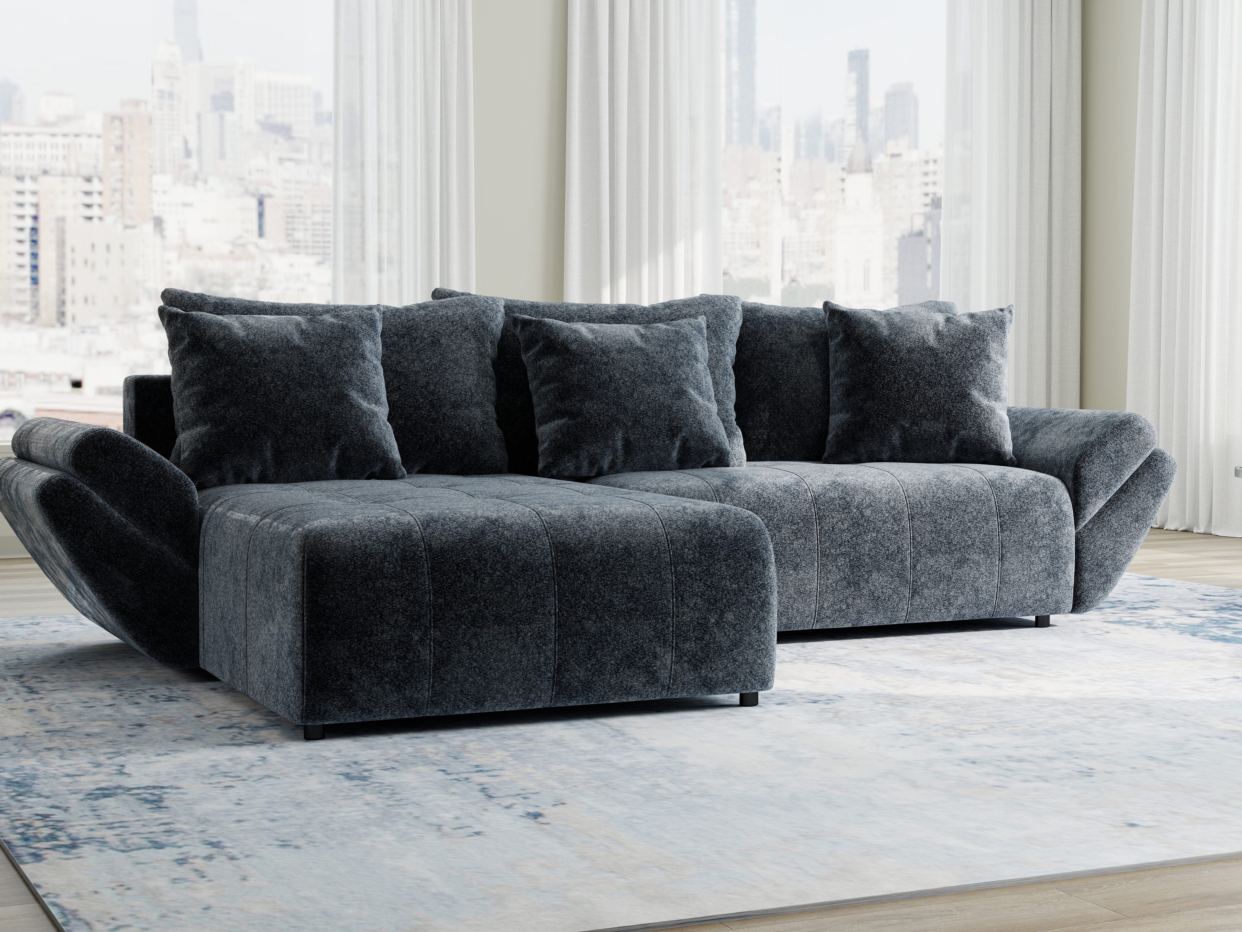 Colțar extensibil dumonde cu ladă de depozitare si sezut confortabil din spuma HR, Berlin Euphoria Gri Grafit 280x185 cm