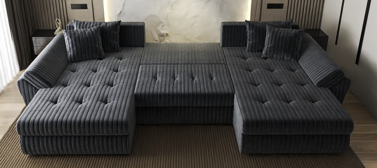 Colțar extensibil dumonde cu ladă de depozitare si sezut confortabil din spuma HR, Loana U Gri Ambience 355x185 cm Fabrica