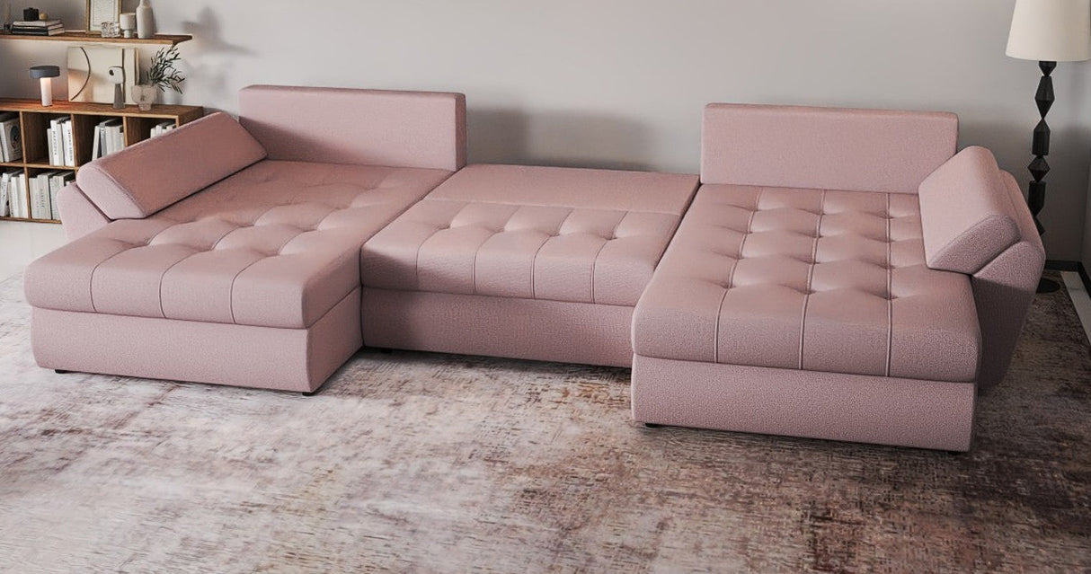 Colțar extensibil dumonde cu ladă de depozitare si sezut confortabil din spuma HR, Loana Enjoy Roz U 355x185 cm Fabrica