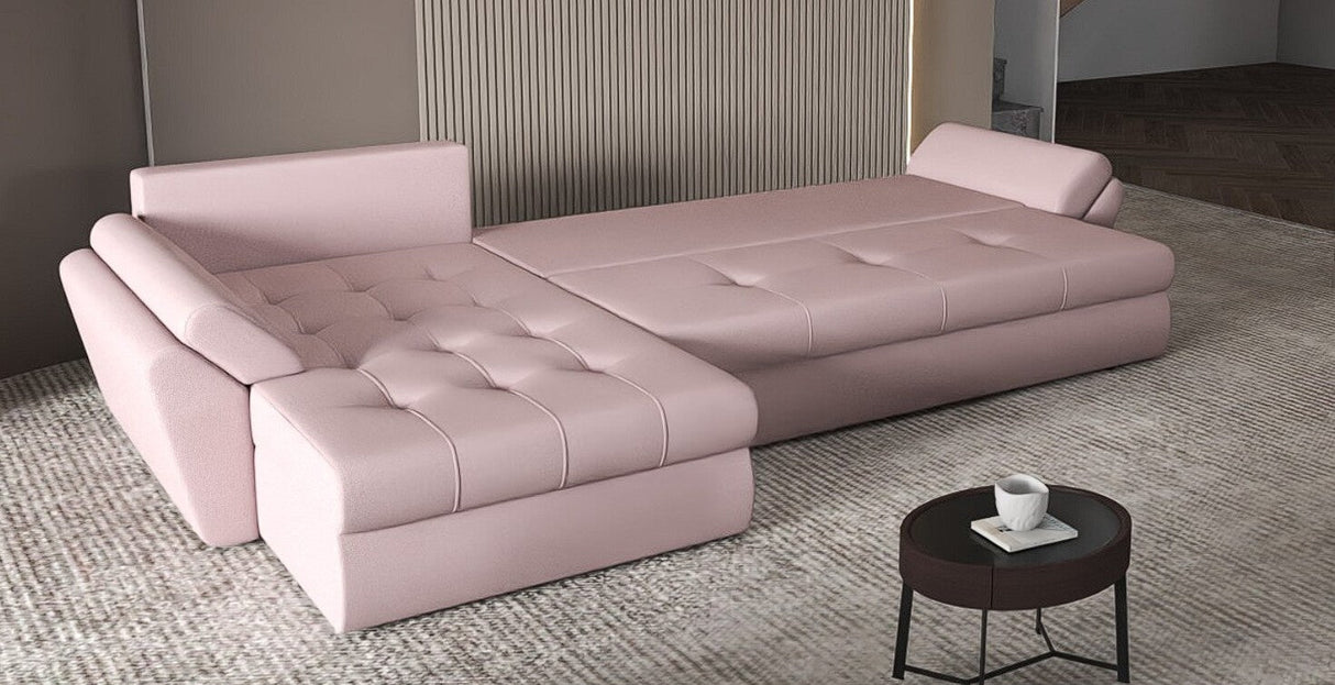 Colțar extensibil dumonde cu ladă de depozitare si sezut confortabil din spuma HR, Loana XL Enjoy Roz II 335x185 cm Fabrica