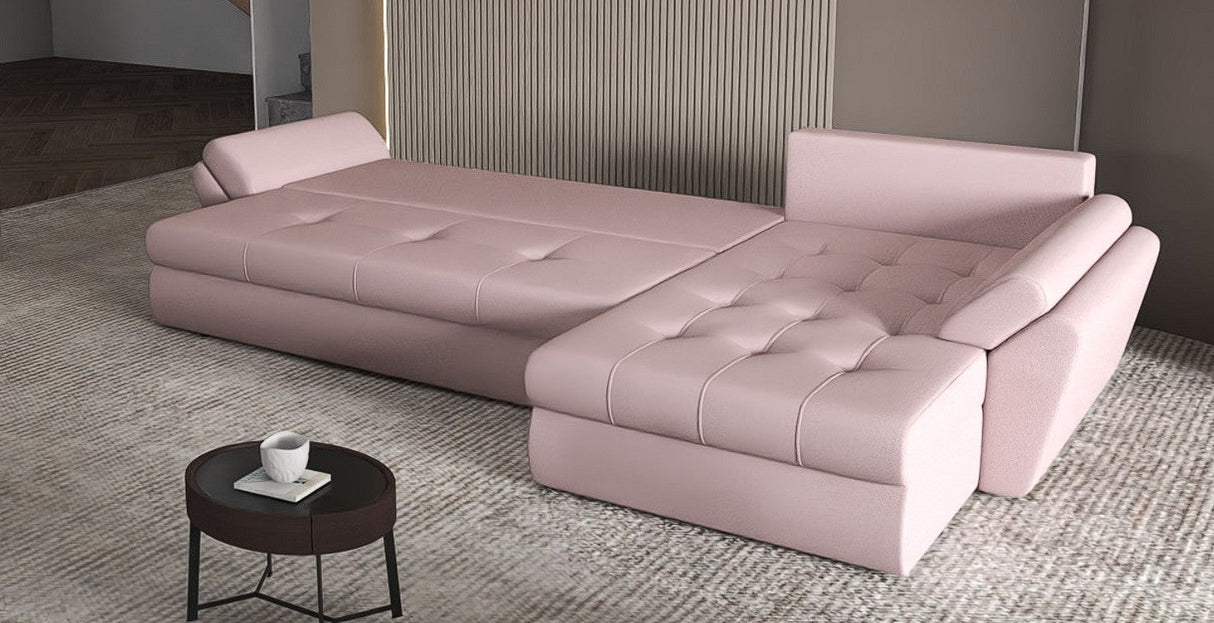 Colțar extensibil dumonde cu ladă de depozitare si sezut confortabil din spuma HR, Loana XL Enjoy Roz 335x185 cm Fabrica