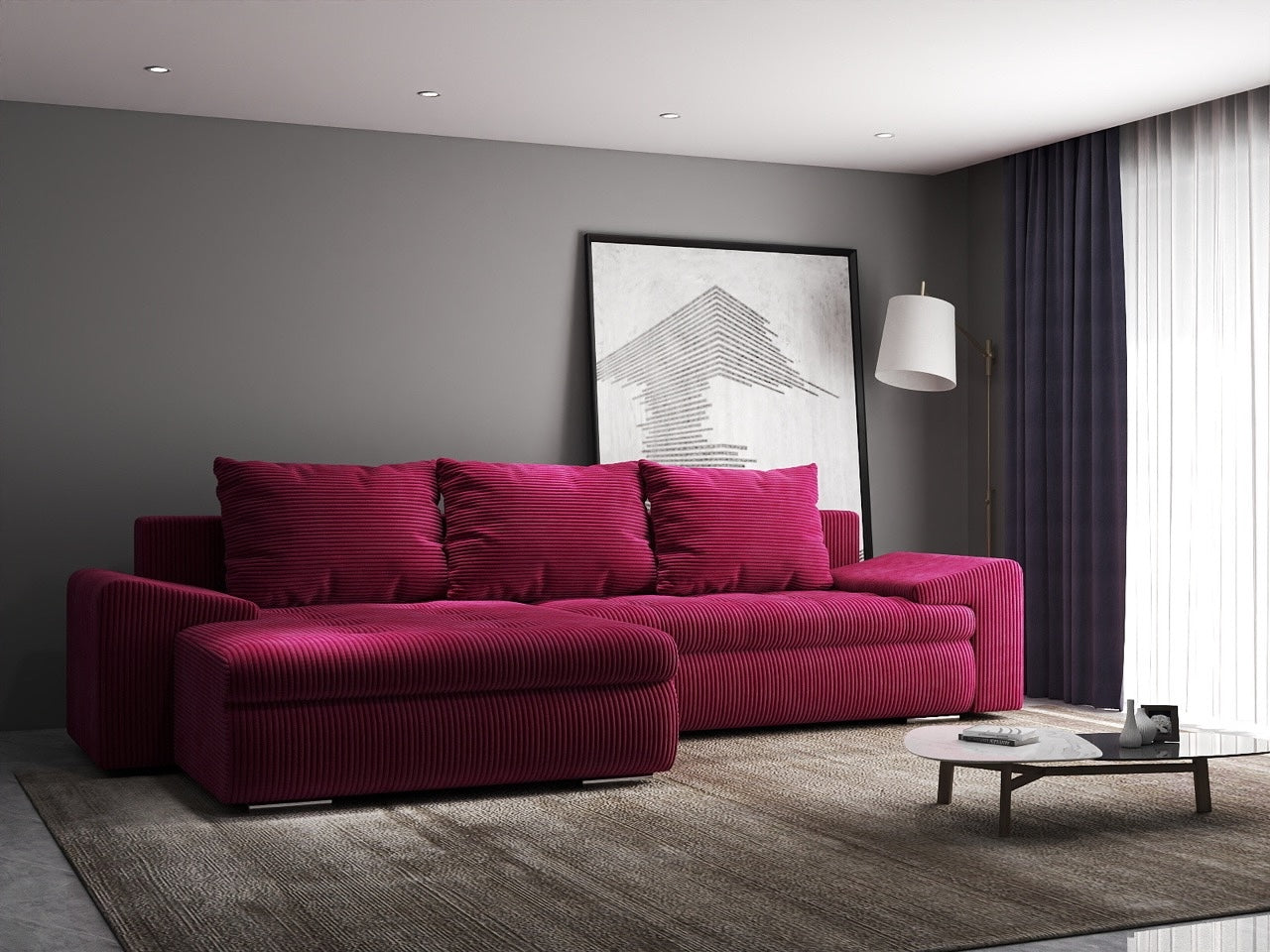 Colțar extensibil dumonde cu ladă de depozitare si sezut confortabil din spuma HR, Leonardo Zoom Rosu 255x193 cm Fabrica