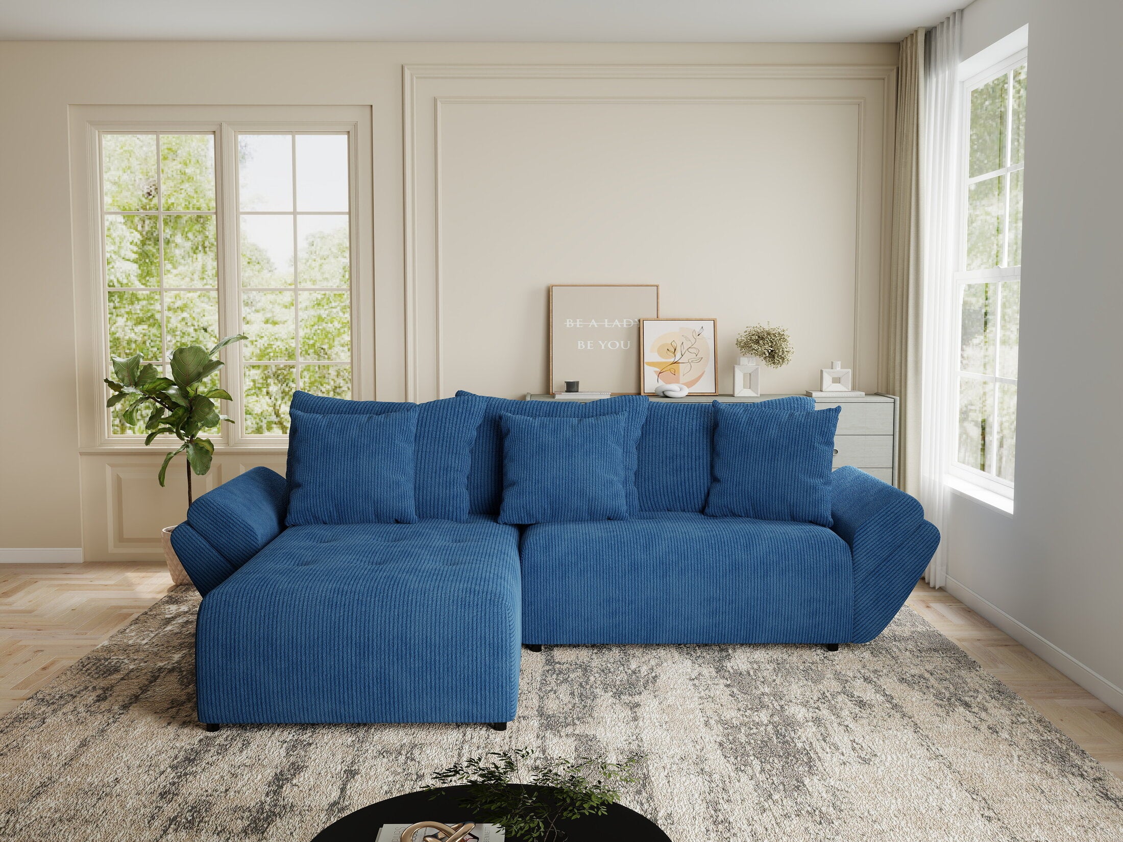 Colțar extensibil dumonde cu ladă de depozitare si sezut confortabil din spuma HR, Berlin Zoom Albastru 280x185 cm