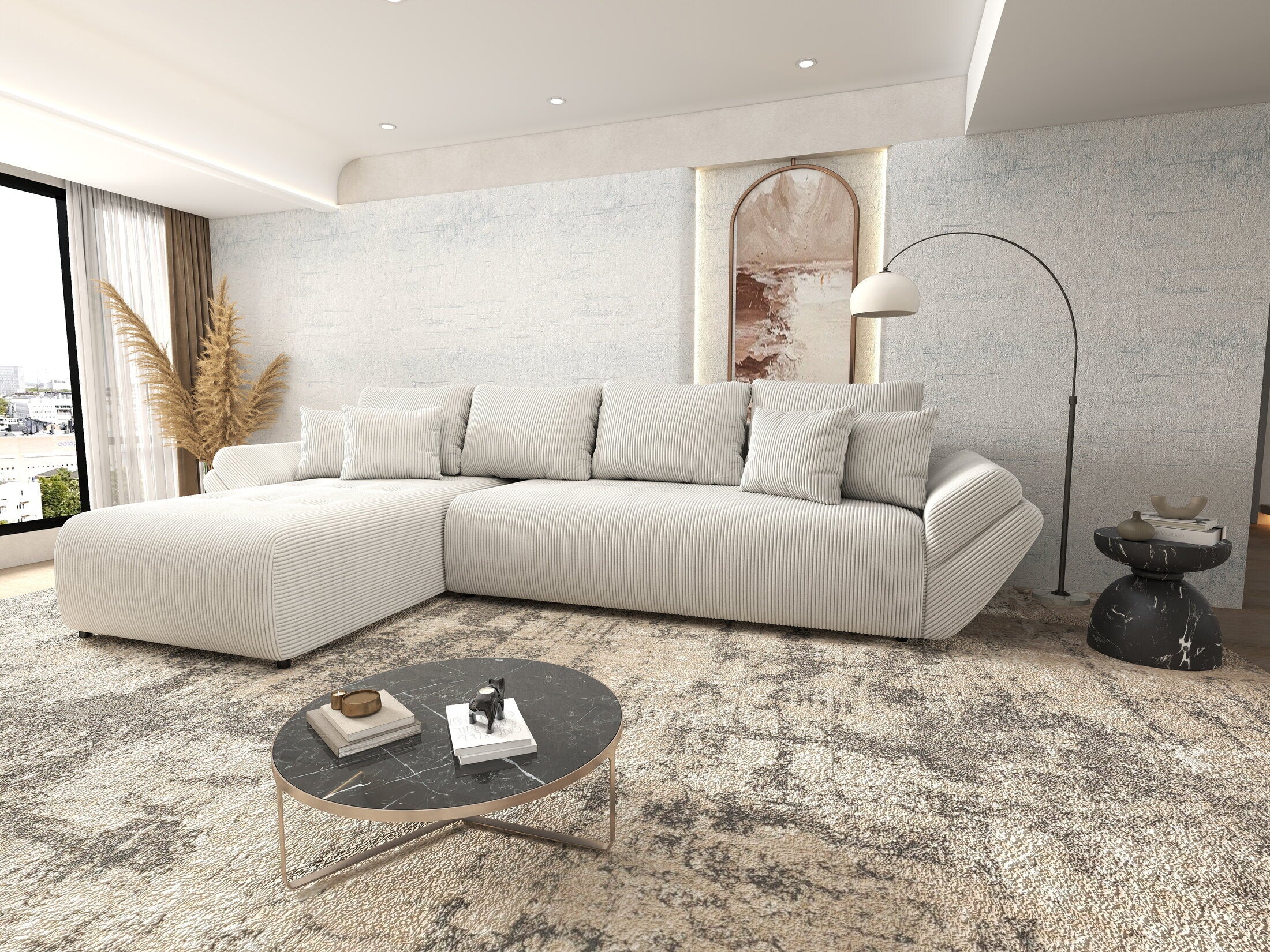 Colțar extensibil dumonde cu ladă de depozitare si sezut confortabil din spuma HR, Berlin XL Zoom Crem 350x185 cm