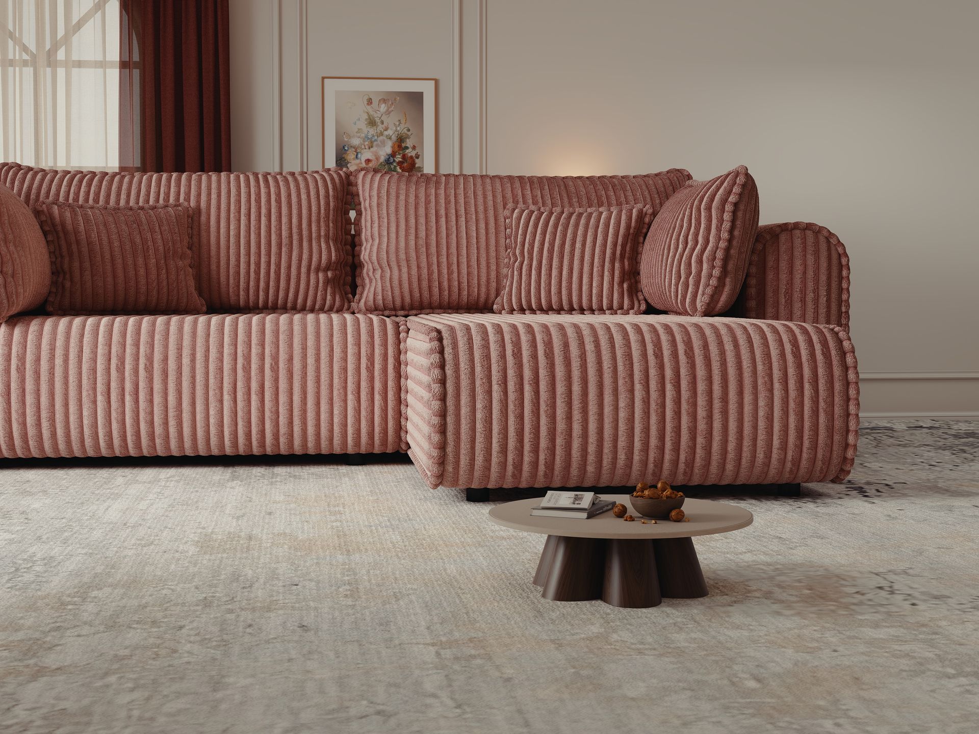 Colțar extensibil dumonde cu ladă de depozitare si sezut confortabil din spuma high-density, Monaco L Tilia Roz II 270x100 cm