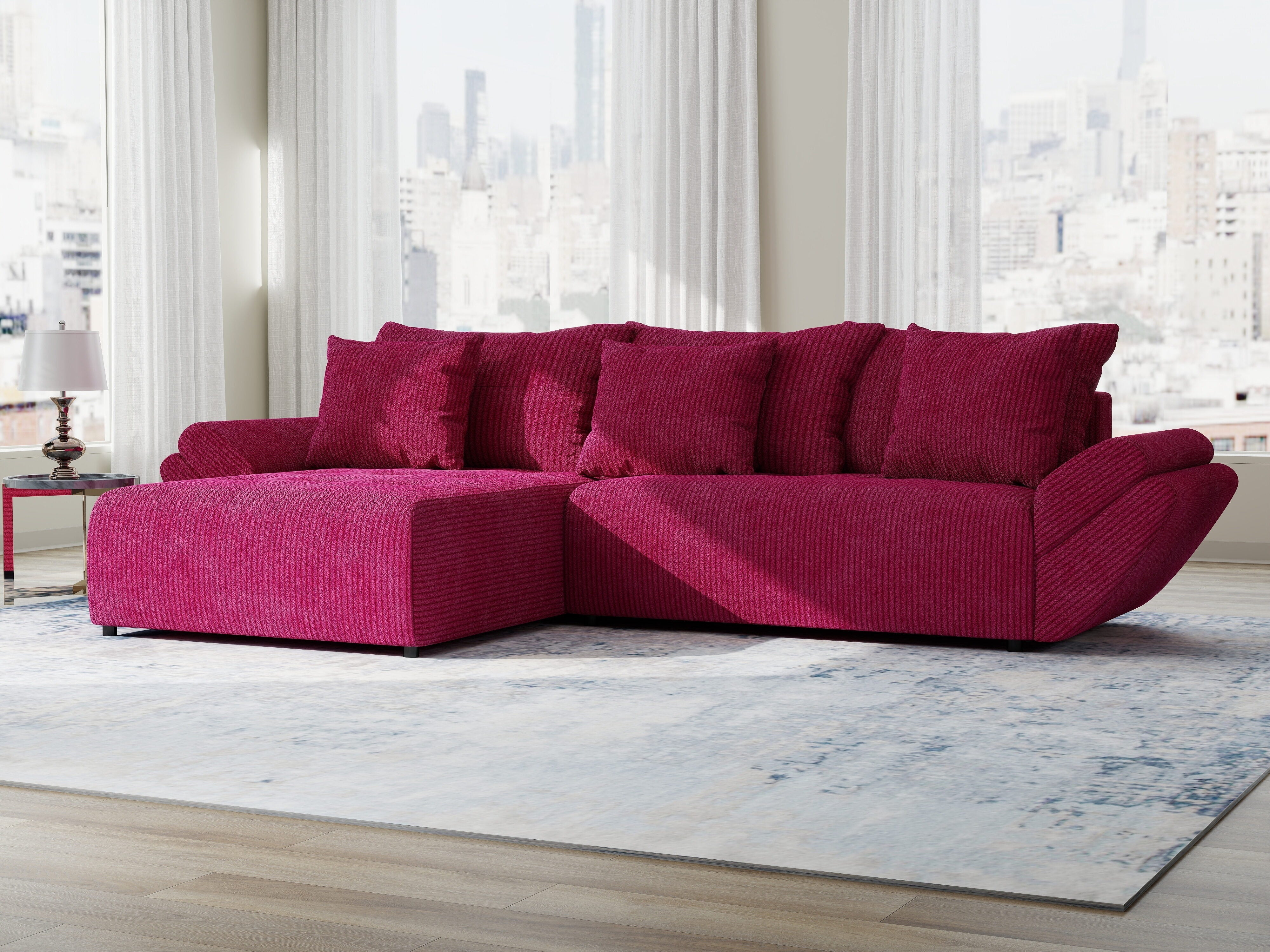 Colțar extensibil dumonde cu ladă de depozitare si sezut confortabil din spuma HR, Berlin Zoom Rosu 280x185 cm