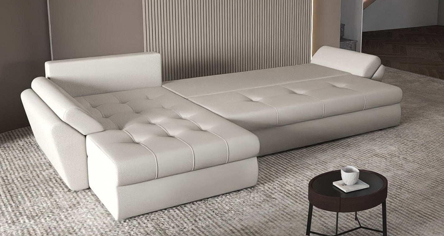 Colțar extensibil dumonde cu ladă de depozitare si sezut confortabil din spuma HR, Loana XL Enjoy Beige II 335x185 cm Fabrica