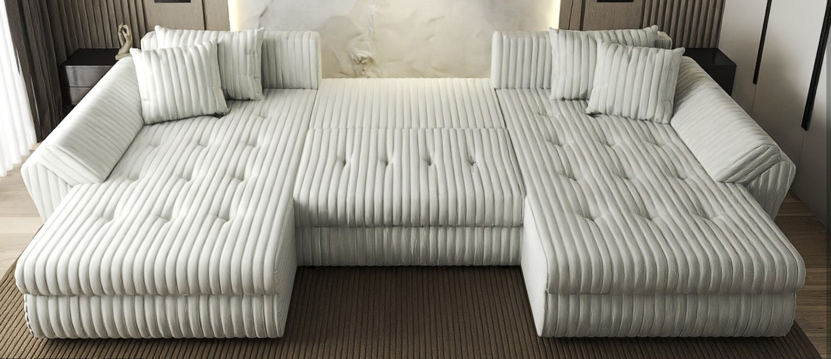 Colțar extensibil dumonde cu ladă de depozitare si sezut confortabil din spuma HR, Loana U Bej Ambience 355x185 cm Fabrica