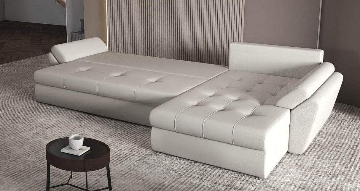 Colțar extensibil dumonde cu ladă de depozitare si sezut confortabil din spuma HR, Loana XL Enjoy Beige 335x185 cm Fabrica