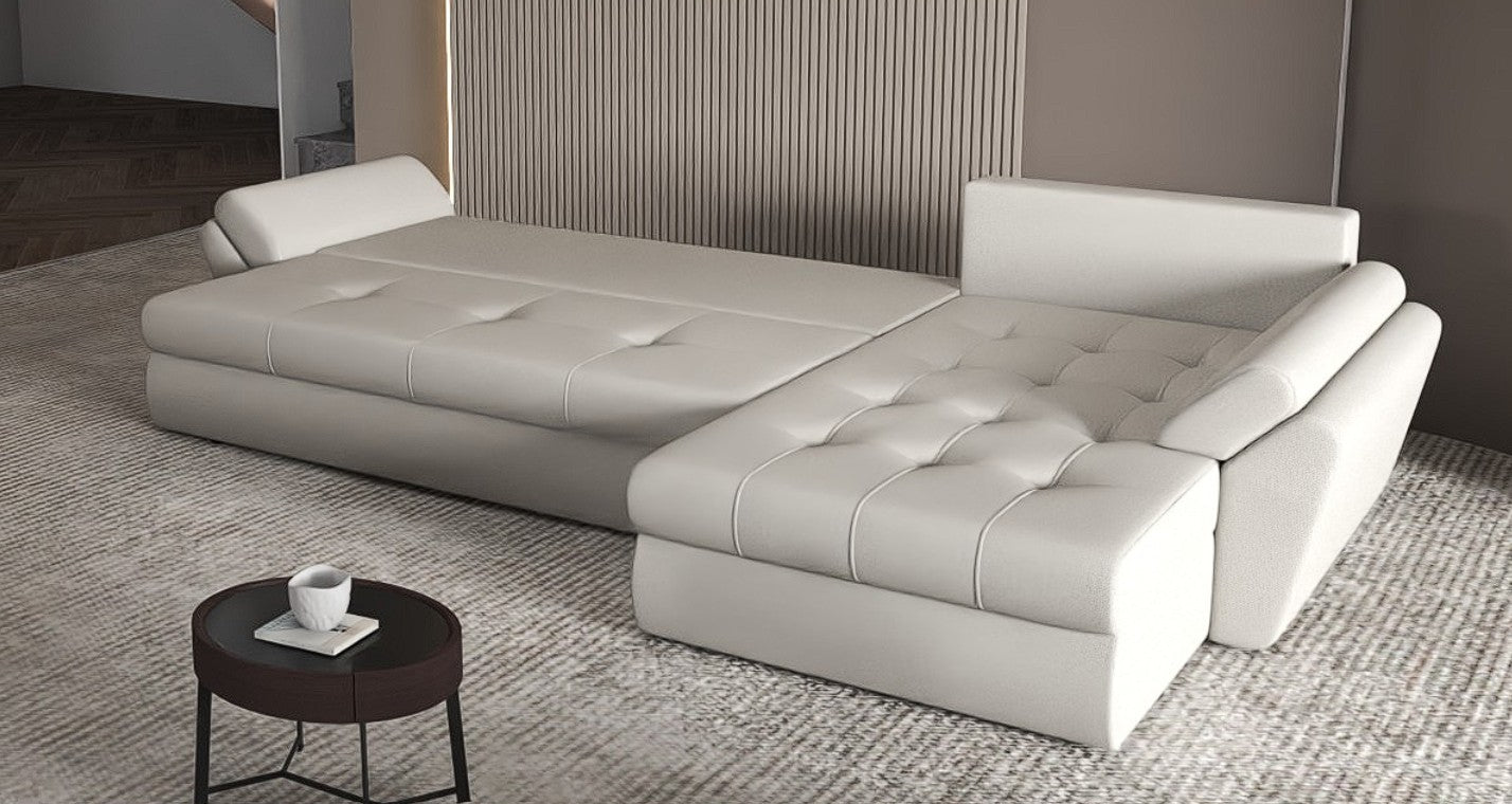 Colțar extensibil dumonde cu ladă de depozitare si sezut confortabil din spuma HR, Loana XL Enjoy Beige 335x185 cm Fabrica