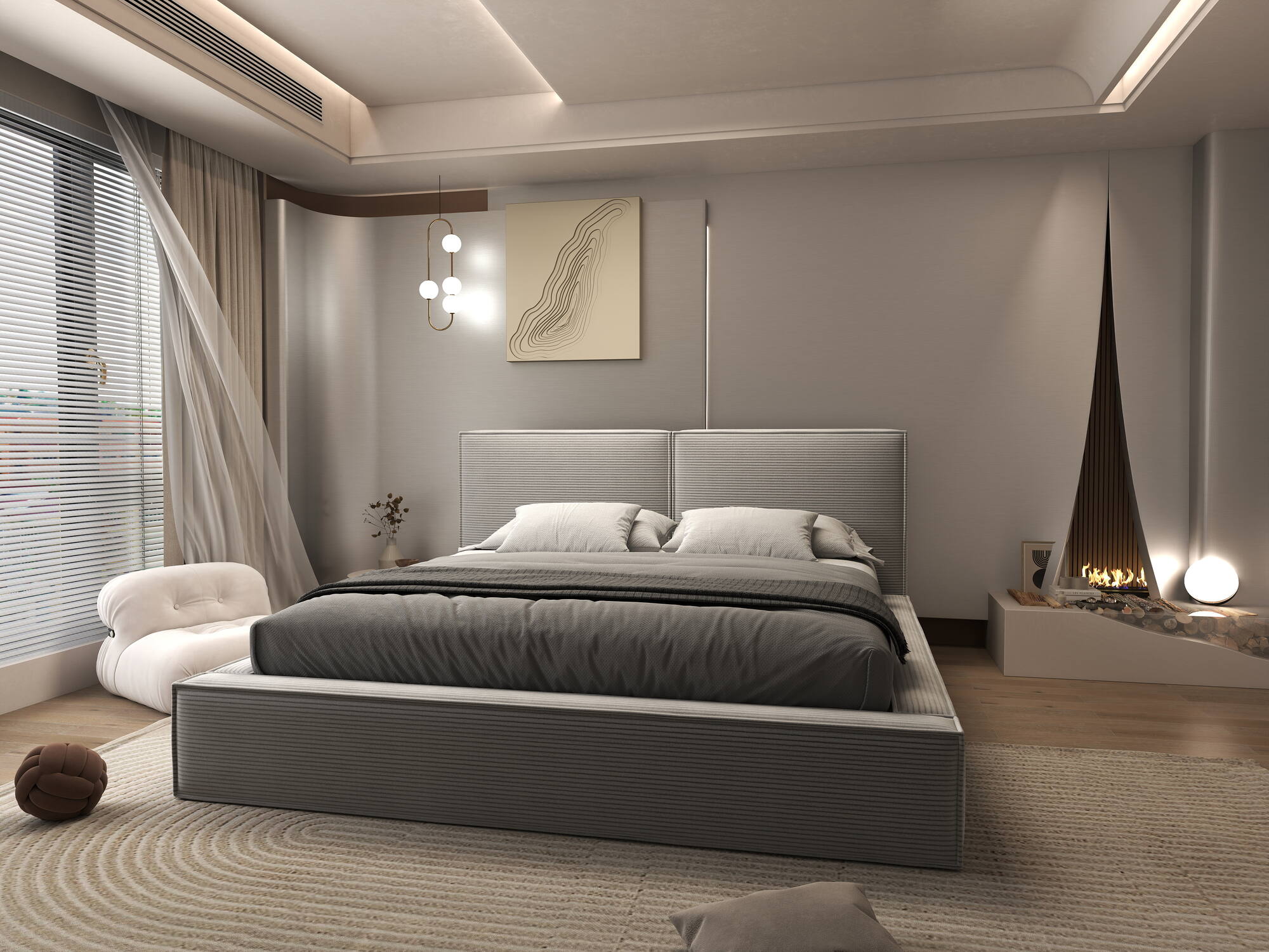 Pat dormitor dumonde, tapitat gri, Bogart 180x200 cm, somiera rabatabila inclusa, spatiu depozitare