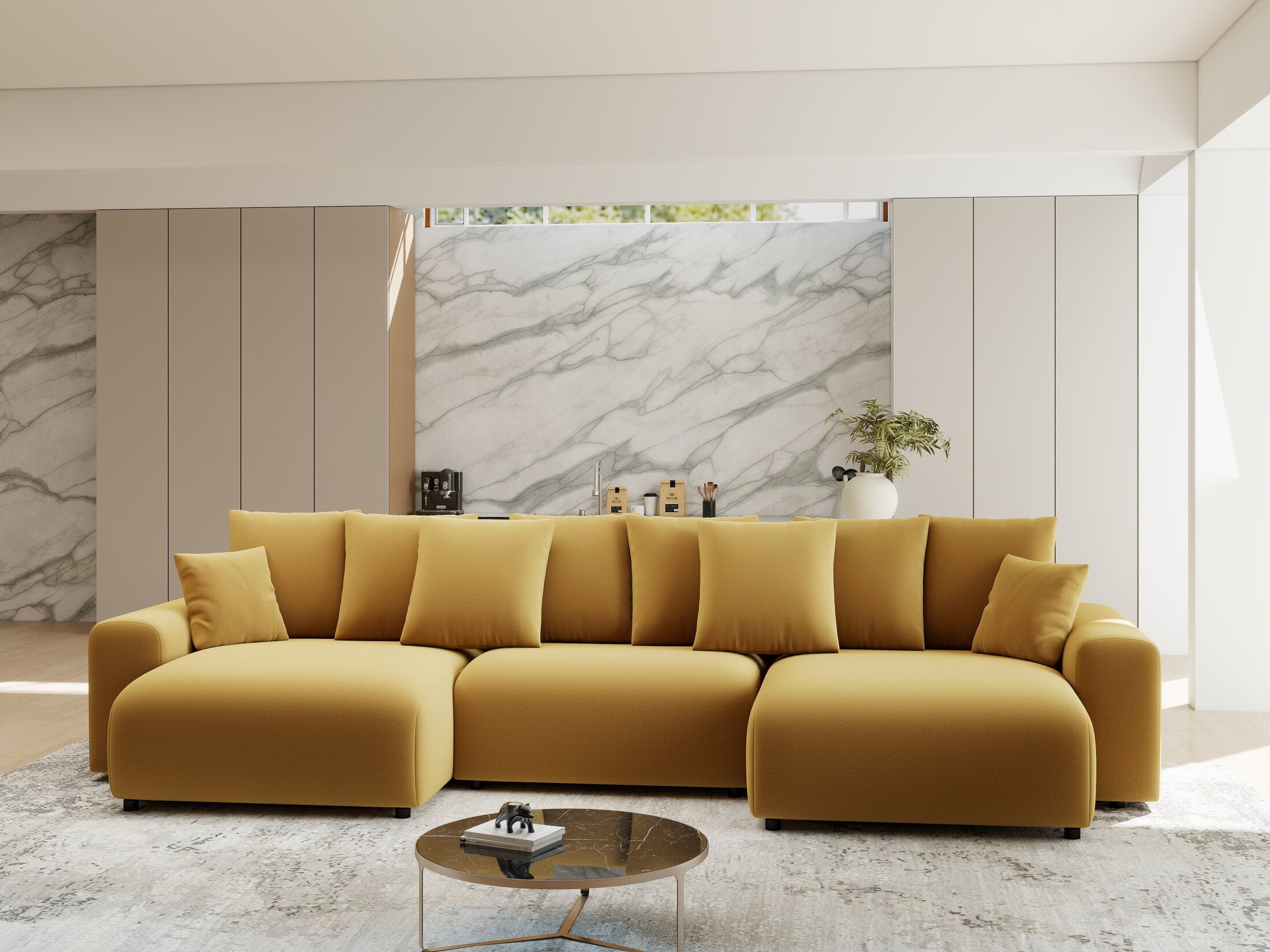 Colțar extensibil dumonde cu ladă de depozitare si sezut confortabil din spuma HR, Luma U Royal Mustar 336x140 cm