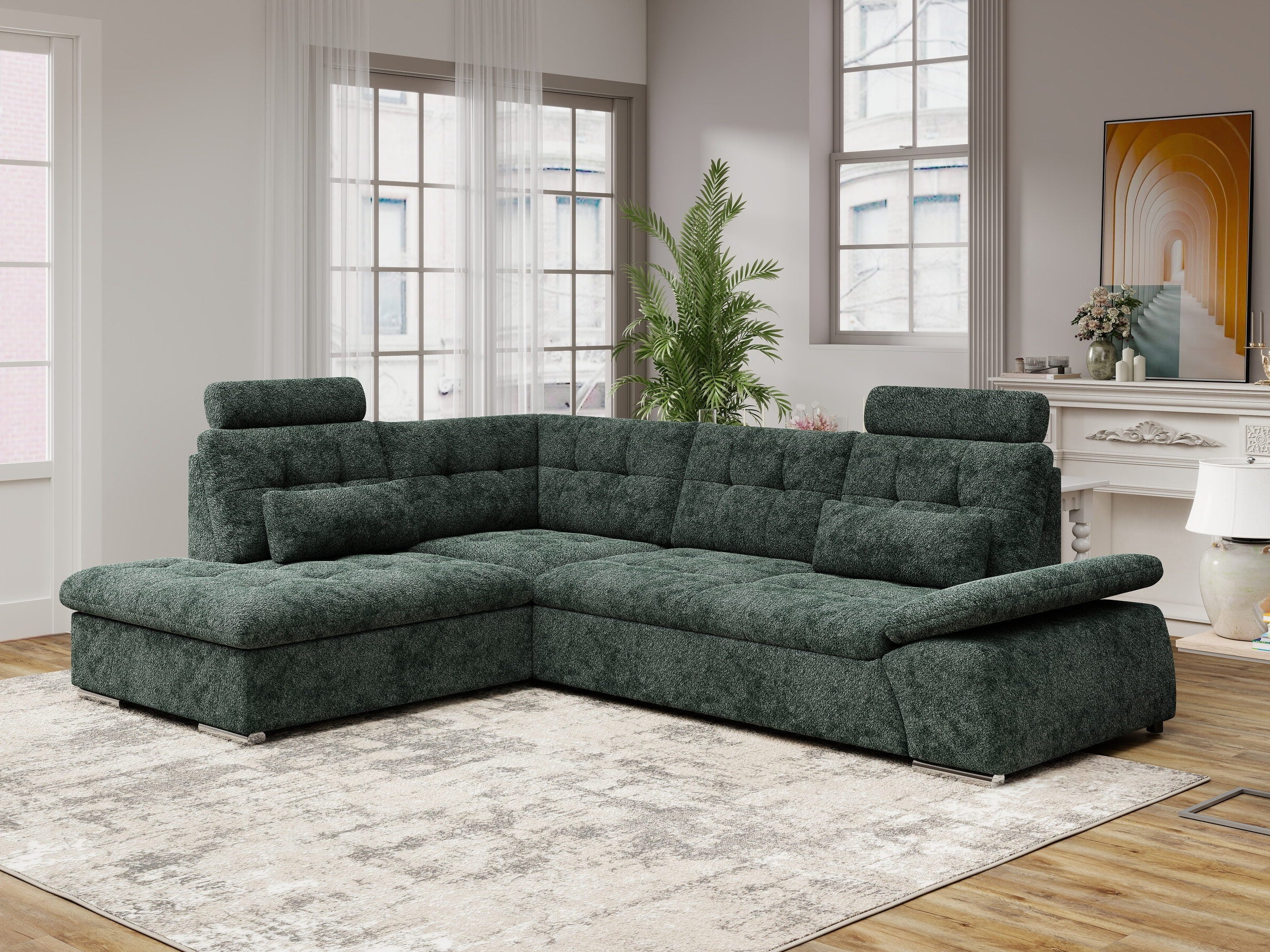 Colțar extensibil dumonde cu ladă de depozitare și șezut confortabil din spumă HR, Merkur XL Euphoria Verde 256x217 cm