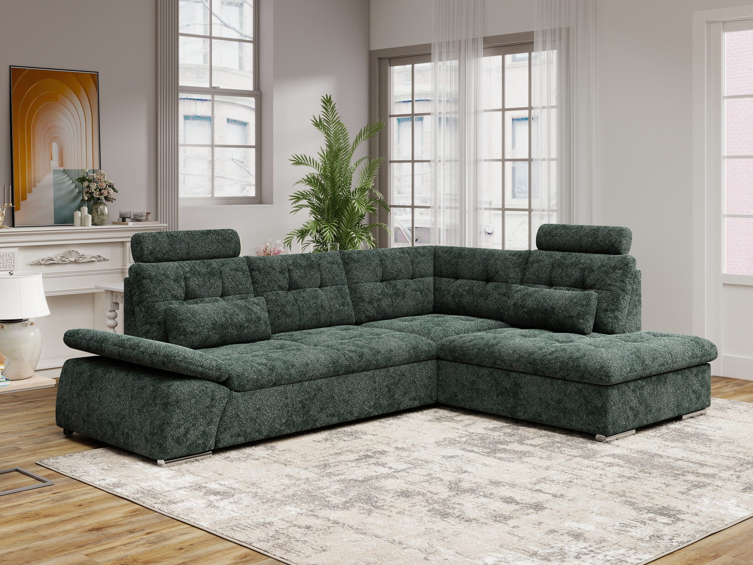 Colțar extensibil dumonde cu ladă de depozitare și șezut confortabil din spumă HR, Merkur XL Euphoria Verde 256x217 cm II
