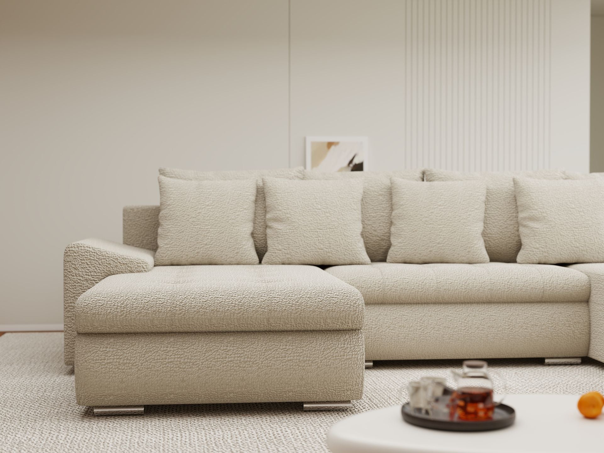 Colțar extensibil dumonde cu ladă de depozitare si sezut confortabil din spuma high-density, Leonardo U Jaguar Bej 04 360x185 cm