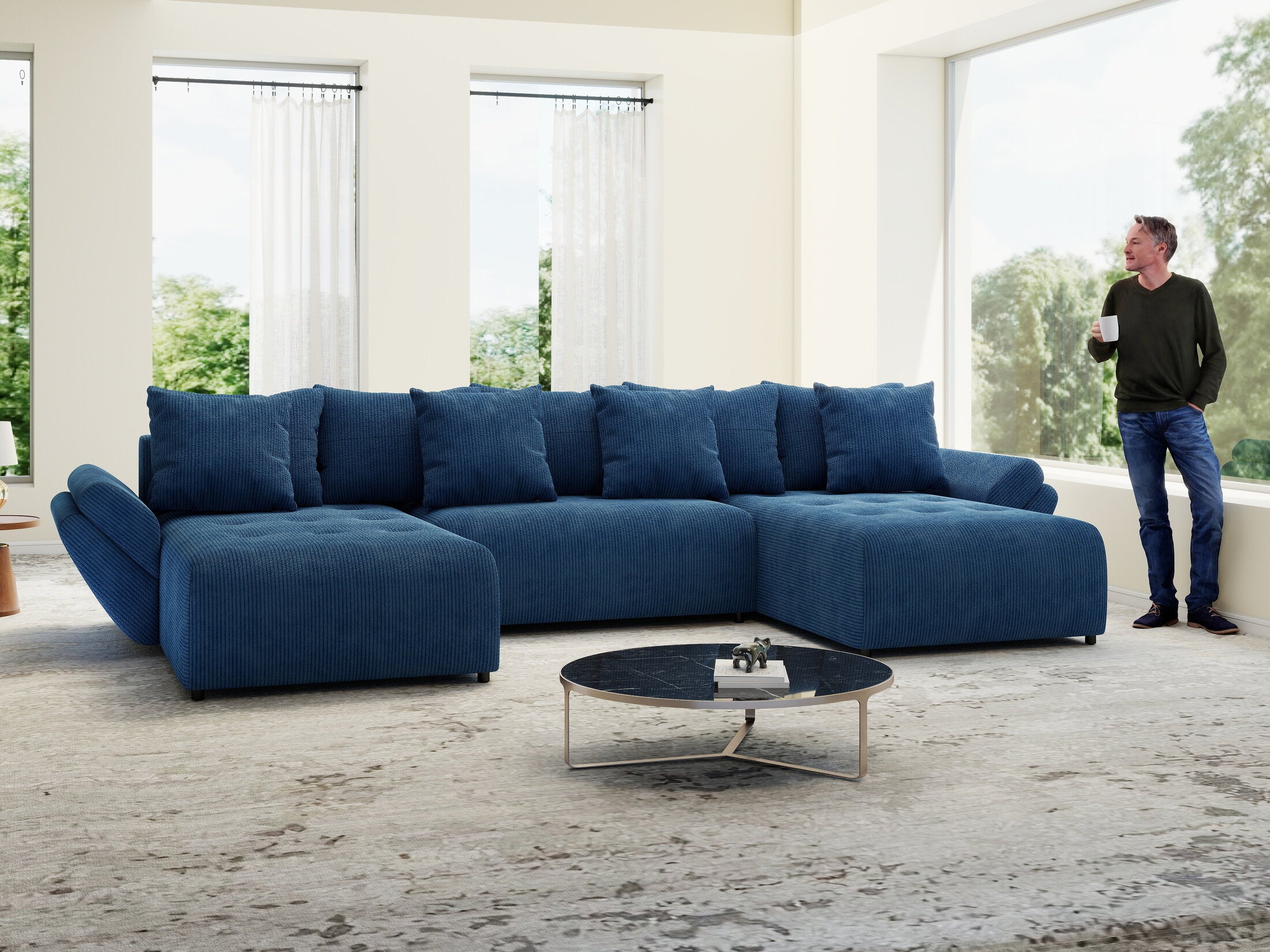 Colțar extensibil dumonde cu ladă de depozitare Berlin U Zoom Blue 400x185 cm