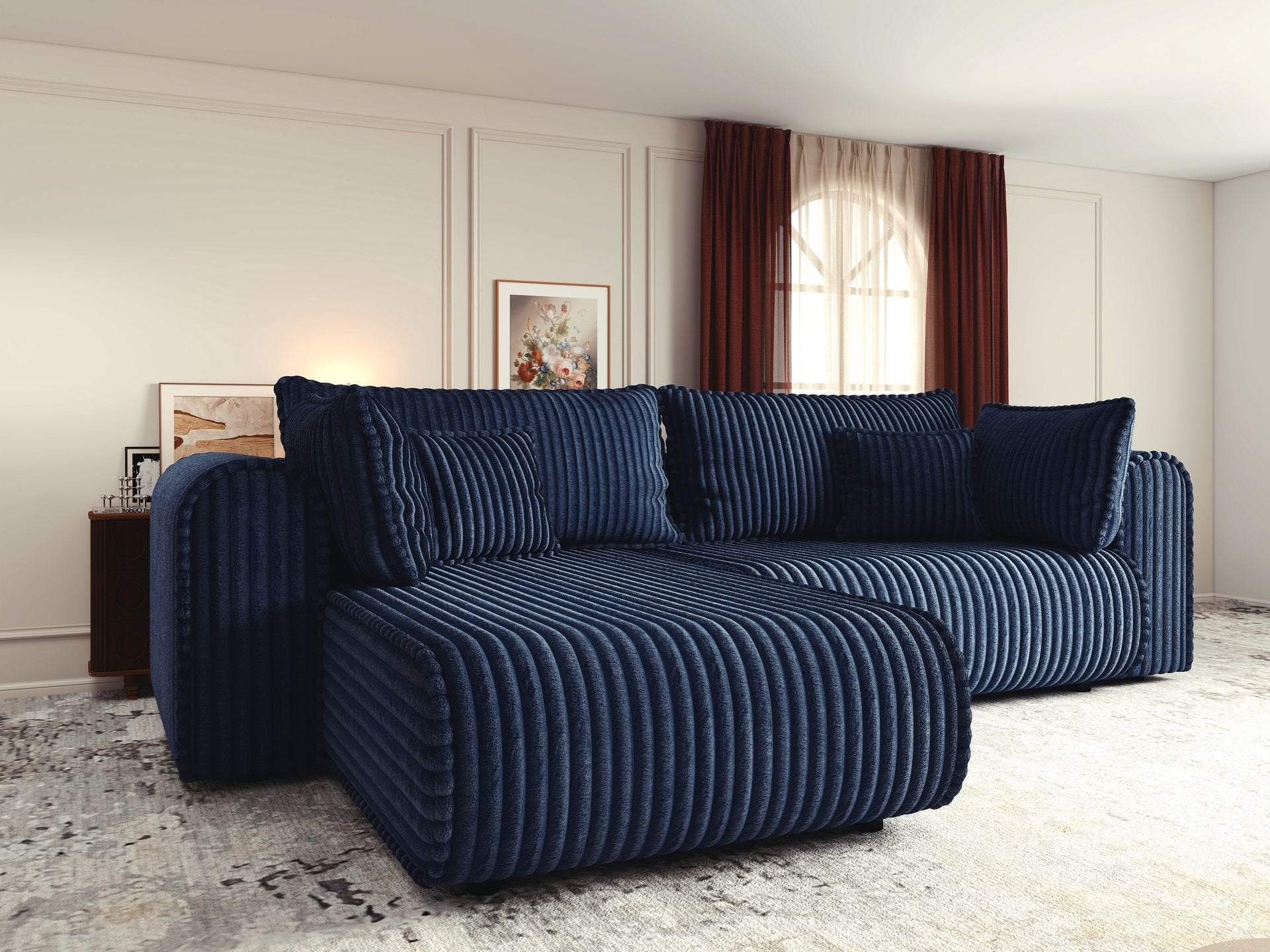 Colțar extensibil dumonde cu ladă de depozitare si sezut confortabil din spuma high-density, Monaco L Tilia Albastru 270x100 cm