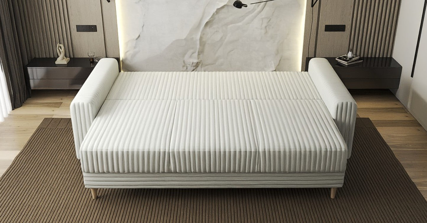 Canapea extensibilă dumonde cu ladă de depozitare si sezut confortabil din spuma HR, Kronos Ambience Ivory 210x100 cm fabrica