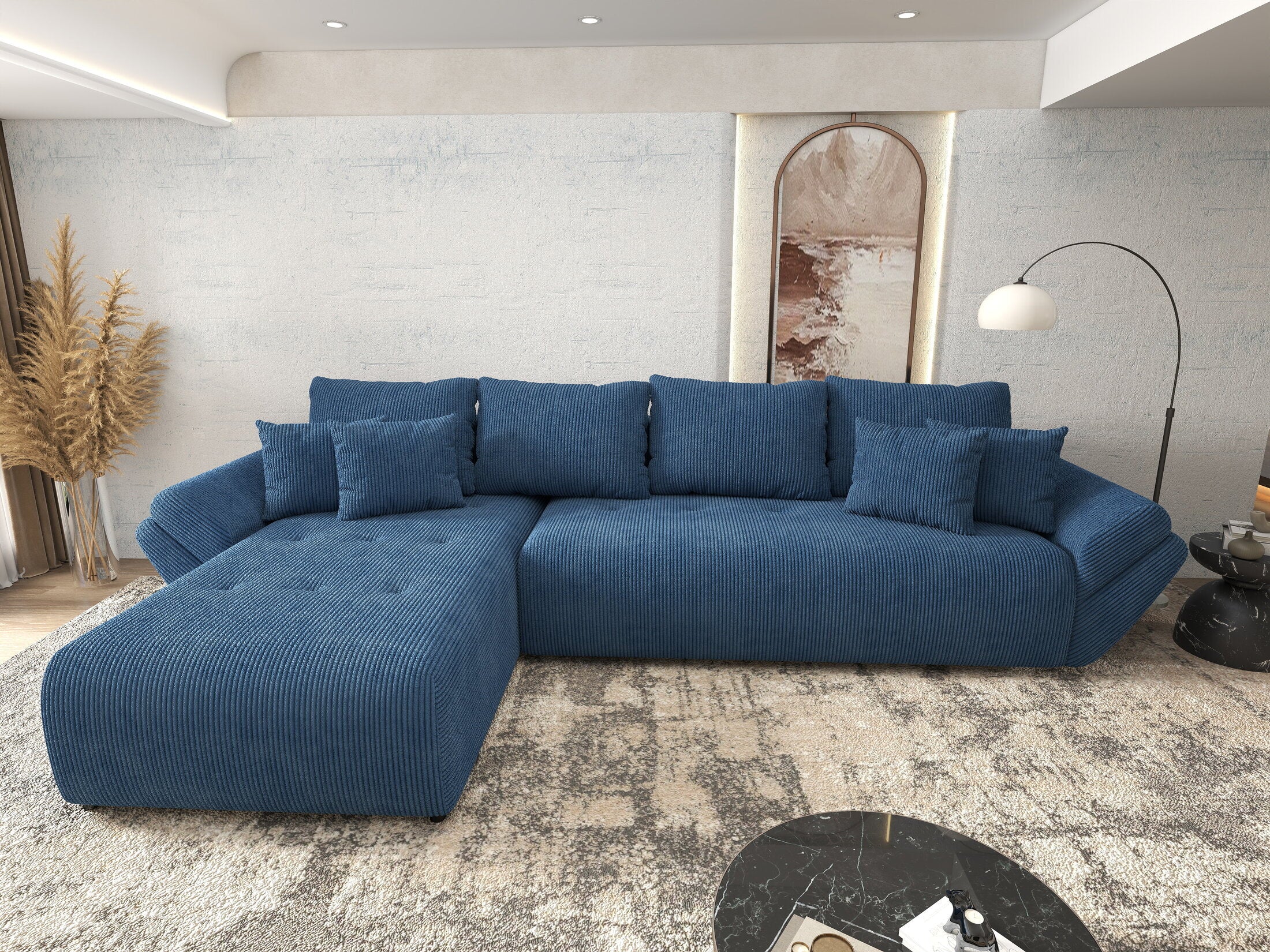 Colțar extensibil dumonde cu ladă de depozitare si sezut confortabil din spuma HR, Berlin XL Zoom Blue 350x185 cm