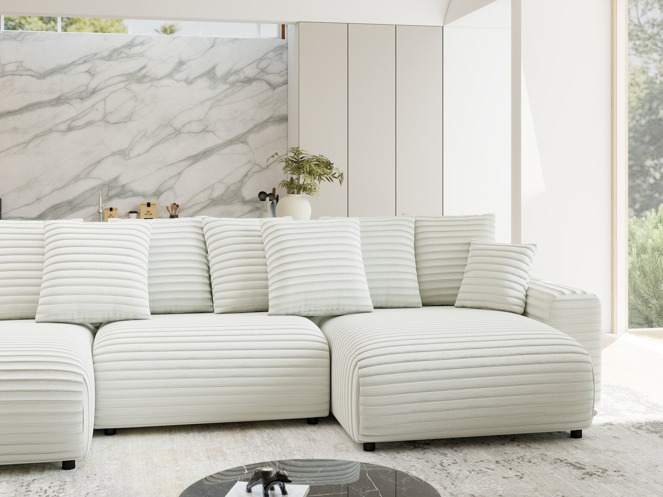 Colțar extensibil dumonde cu ladă de depozitare si sezut confortabil din spuma HR, Luma U Ambience Alb 336x140 cm