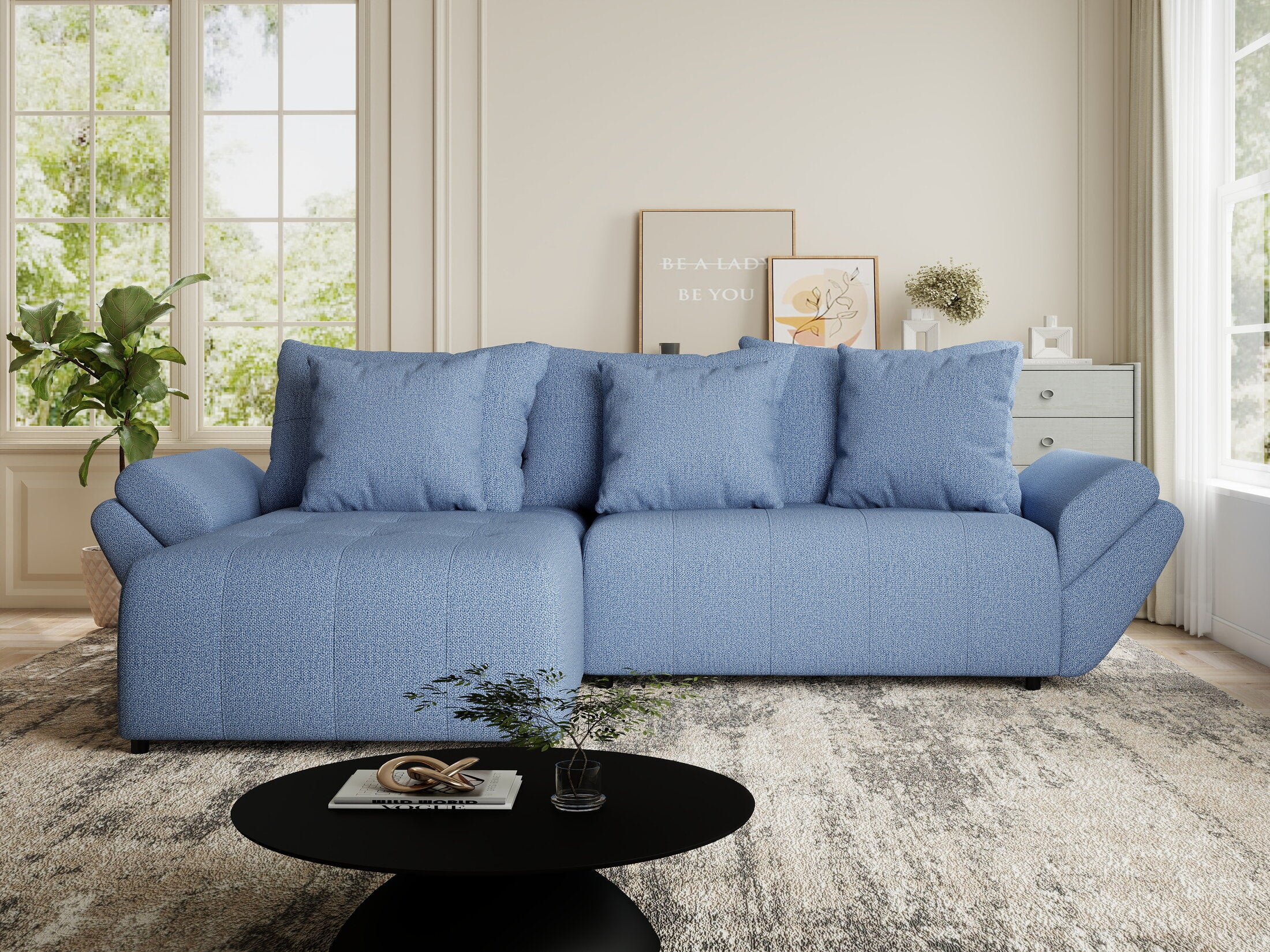 Colțar extensibil dumonde cu ladă de depozitare si sezut confortabil din spuma HR, Berlin Enjoy Albastru 280x185 cm