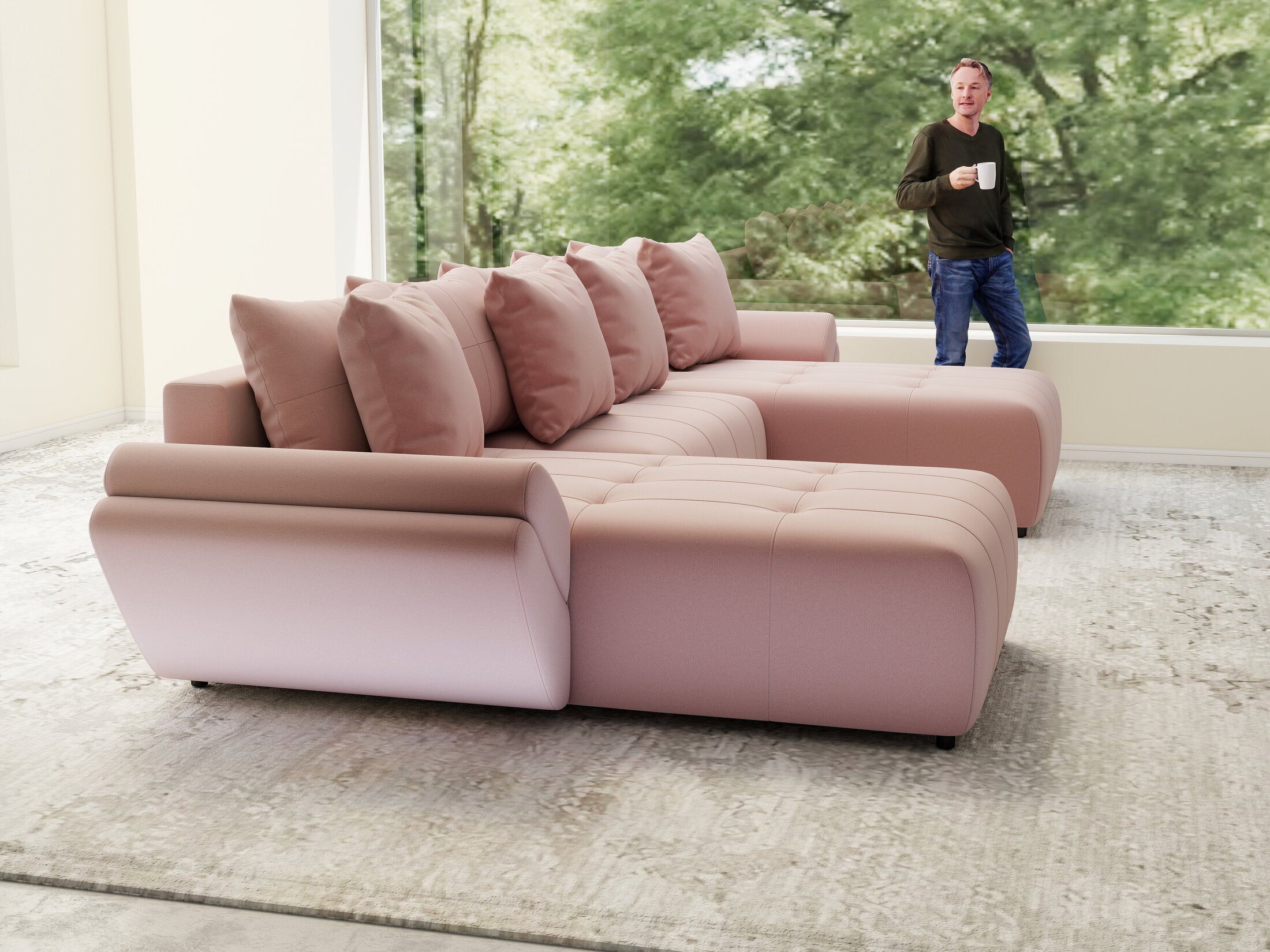 Colțar extensibil dumonde cu ladă de depozitare si sezut confortabil din spuma HR, Berlin U Royal Roz 380x180 cm