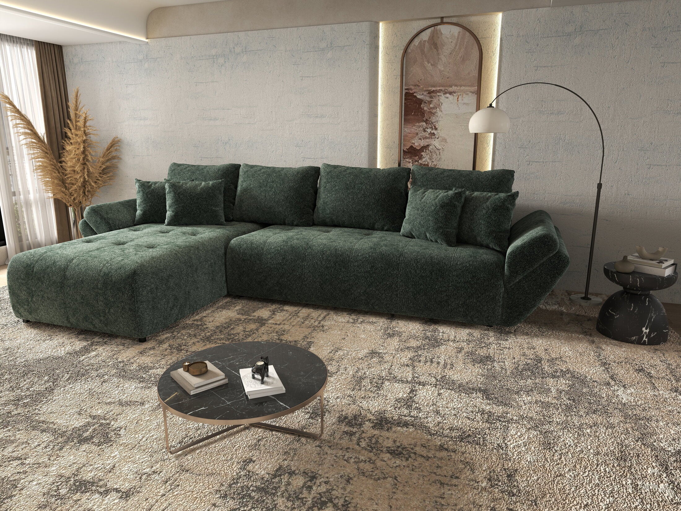 Colțar extensibil dumonde cu ladă de depozitare si sezut confortabil din spuma HR, Berlin XL Euphoria Green 350x185 cm