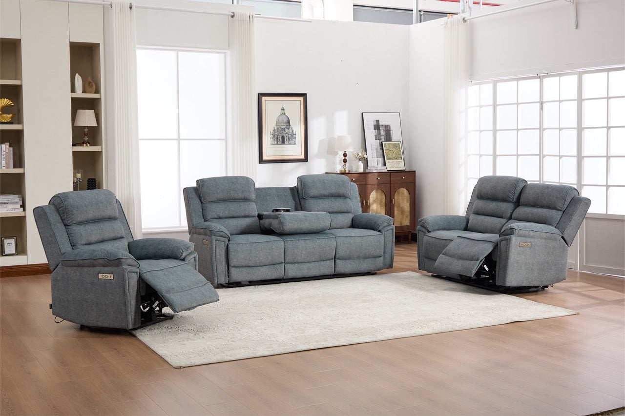 Set canapea dumonde 3+2+1, reclinere electrice, incarcare wireless, priza, masuta, suport pahare Sorren