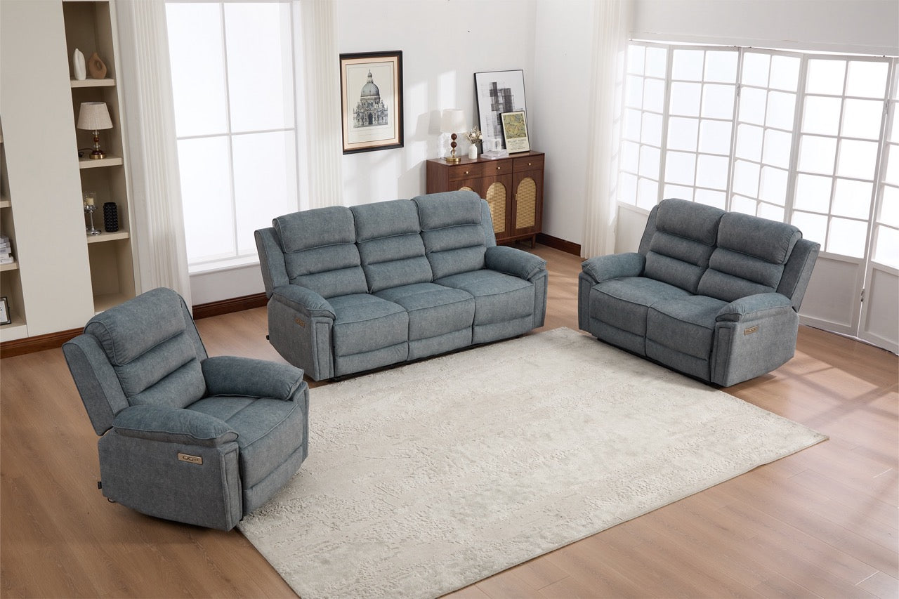 Set canapea dumonde 3+2+1, reclinere electrice, incarcare wireless, priza, masuta, suport pahare Sorren