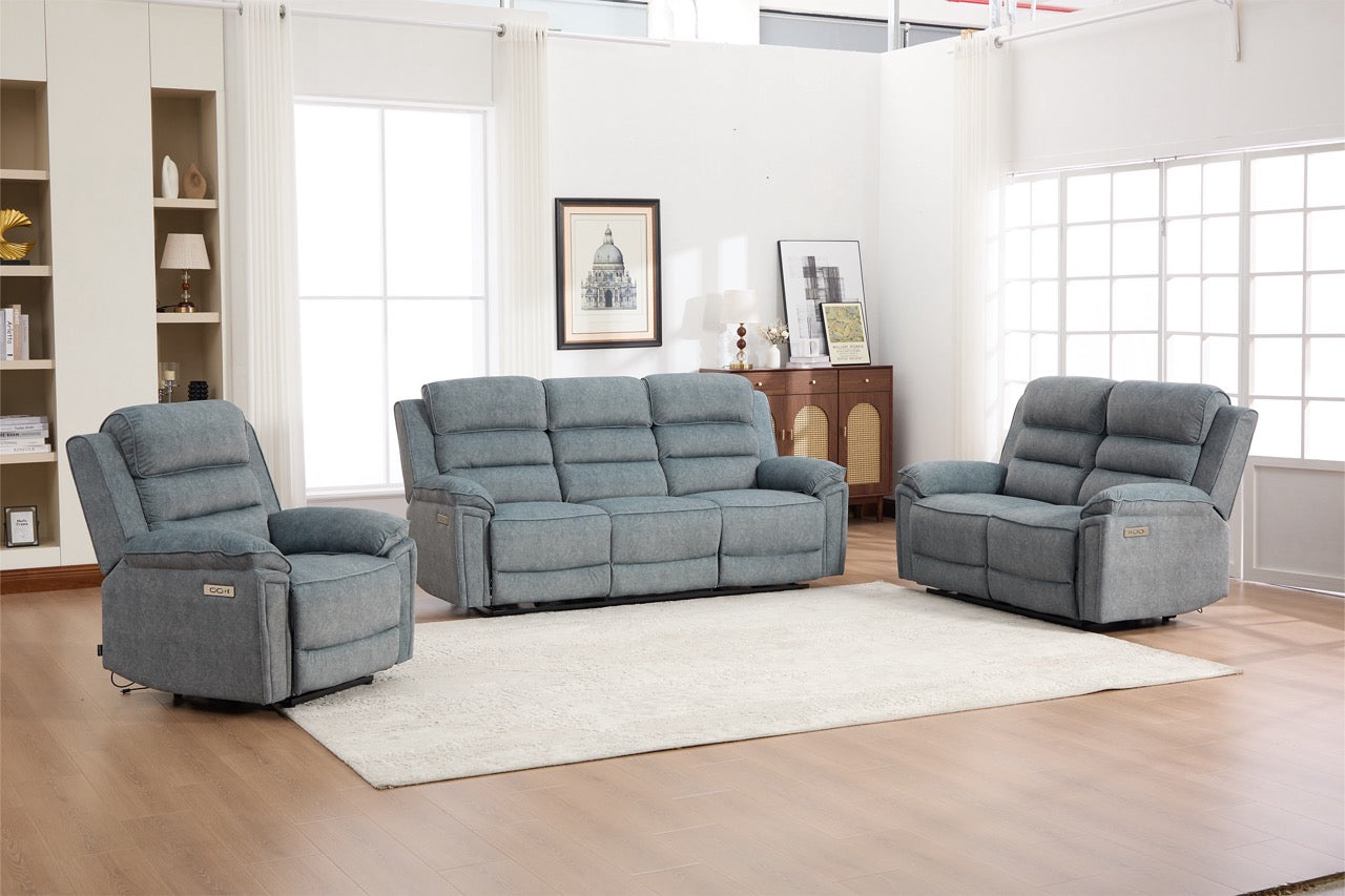 Set canapea dumonde 3+2+1, reclinere electrice, incarcare wireless, priza, masuta, suport pahare Sorren