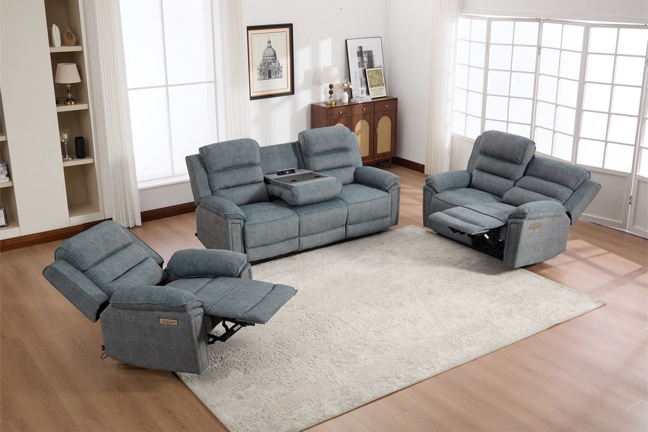 Set canapea dumonde 3+2+1, reclinere electrice, incarcare wireless, priza, masuta, suport pahare Sorren