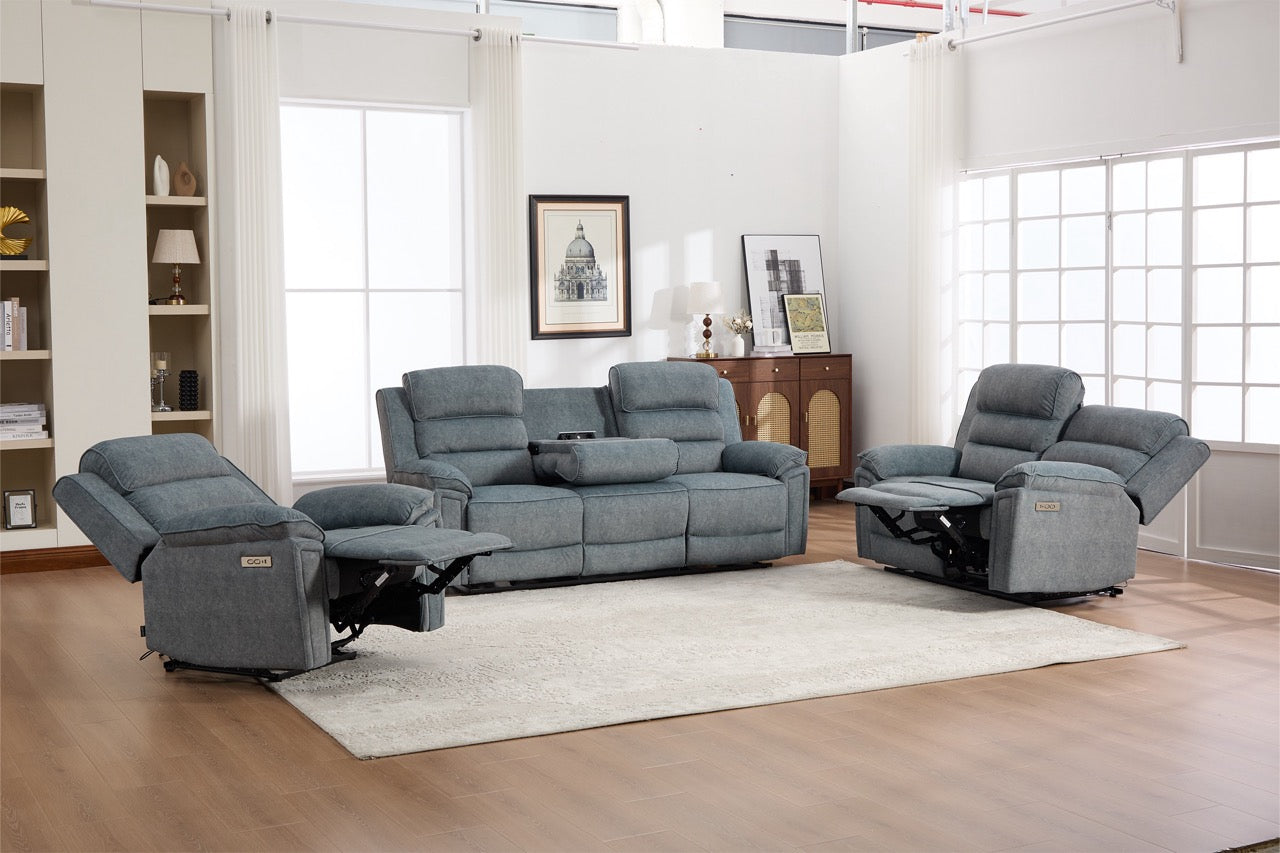 Set canapea dumonde 3+2+1, reclinere electrice, incarcare wireless, priza, masuta, suport pahare Sorren