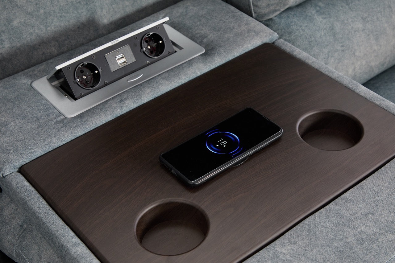 Set canapea dumonde 3+2+1, reclinere electrice, incarcare wireless, priza, masuta, suport pahare Sorren