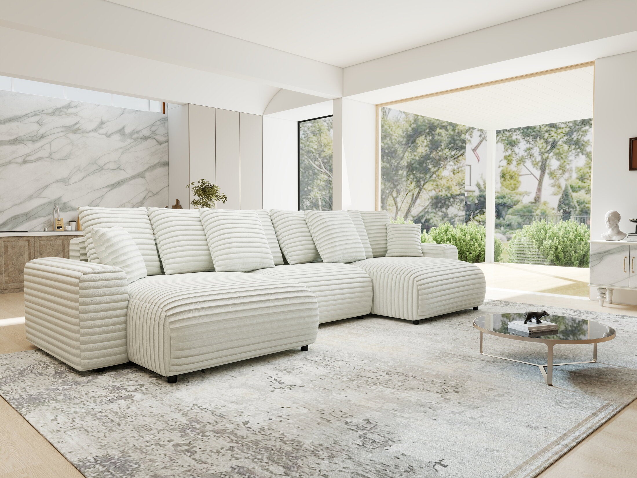 Colțar extensibil dumonde cu ladă de depozitare si sezut confortabil din spuma HR, Luma U Ambience Alb 336x140 cm