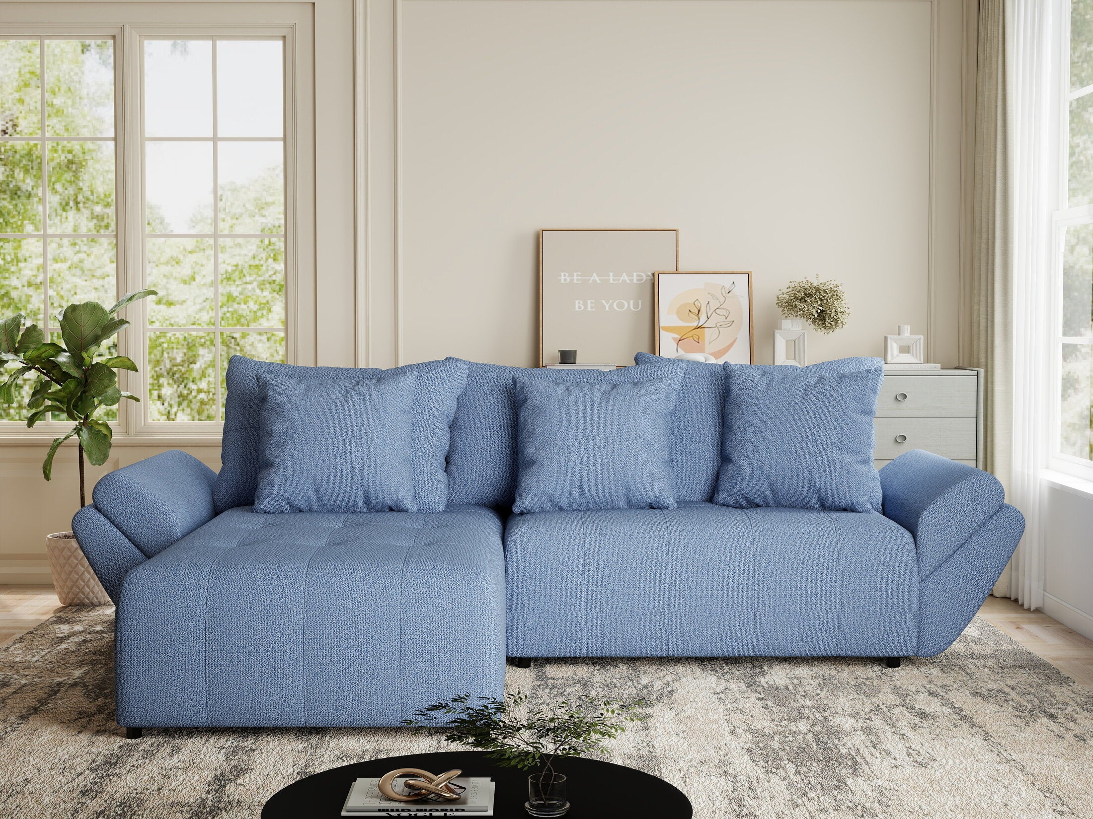 Colțar extensibil dumonde cu ladă de depozitare si sezut confortabil din spuma HR, Berlin Enjoy Albastru 280x185 cm