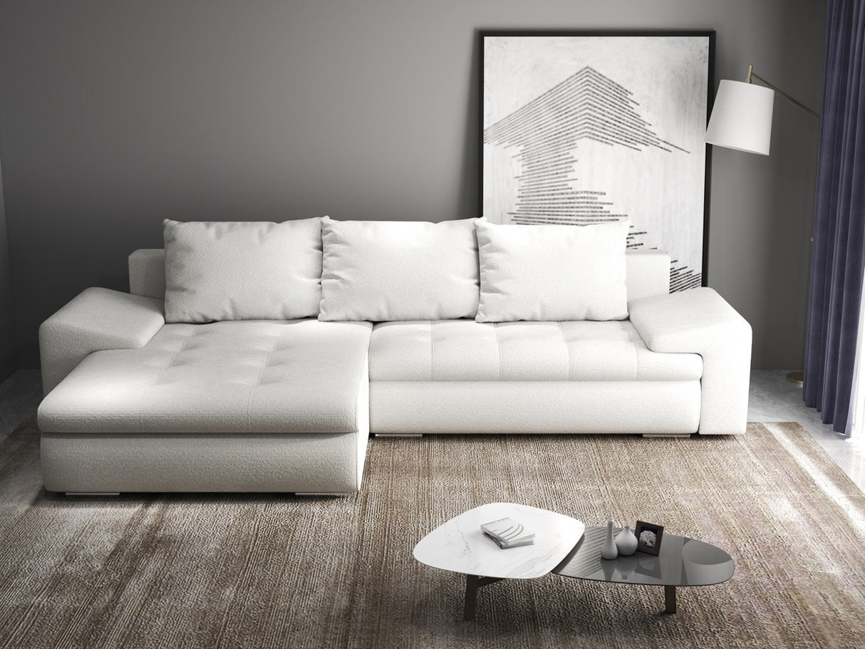 Colțar extensibil dumonde cu ladă de depozitare si sezut confortabil din spuma HR, Leonardo Euphoria Alb 255x193 cm