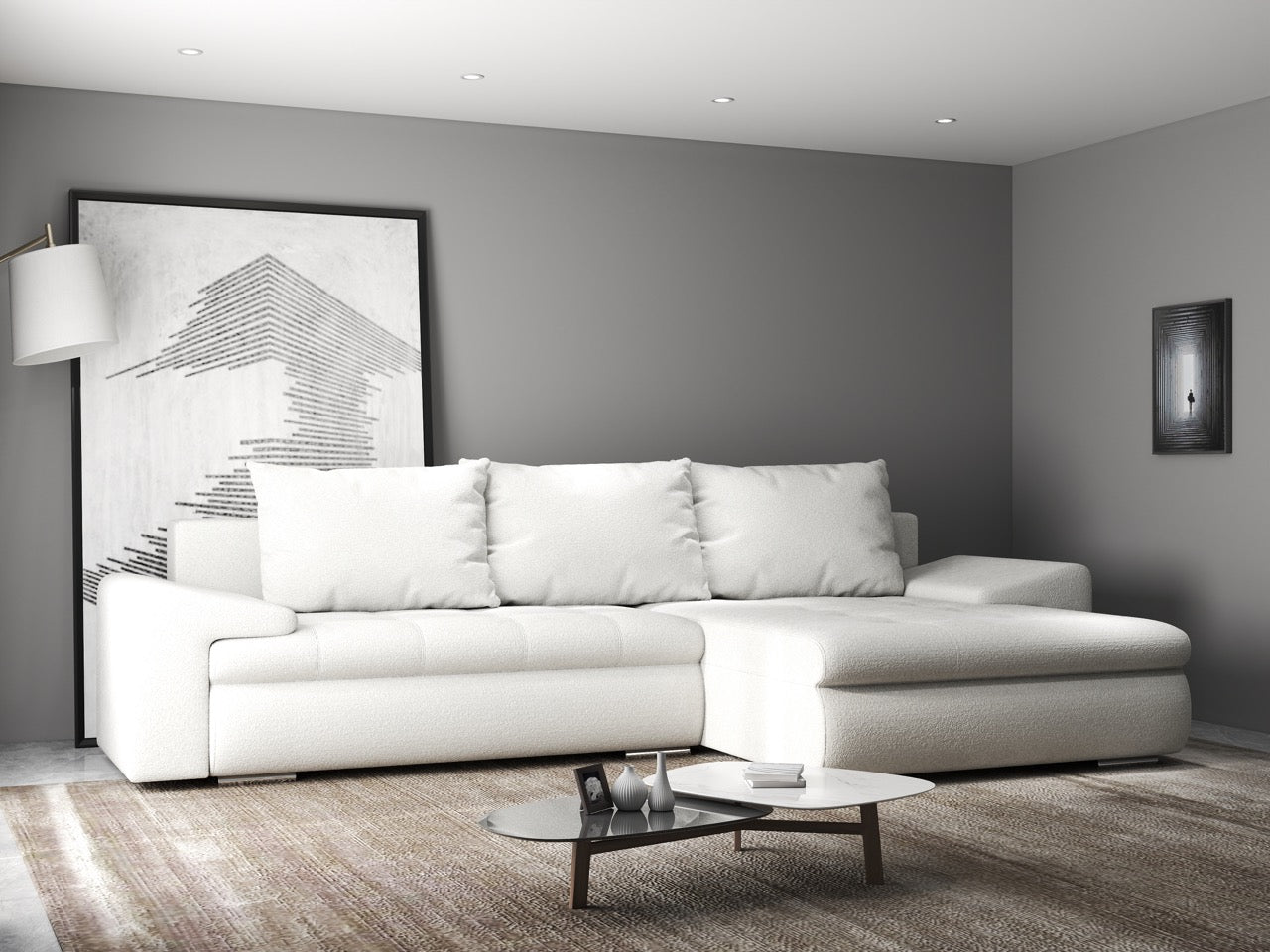 Colțar extensibil dumonde cu ladă de depozitare si sezut confortabil din spuma HR, Leonardo Euphoria Alb 255x193 cm II Fabrica
