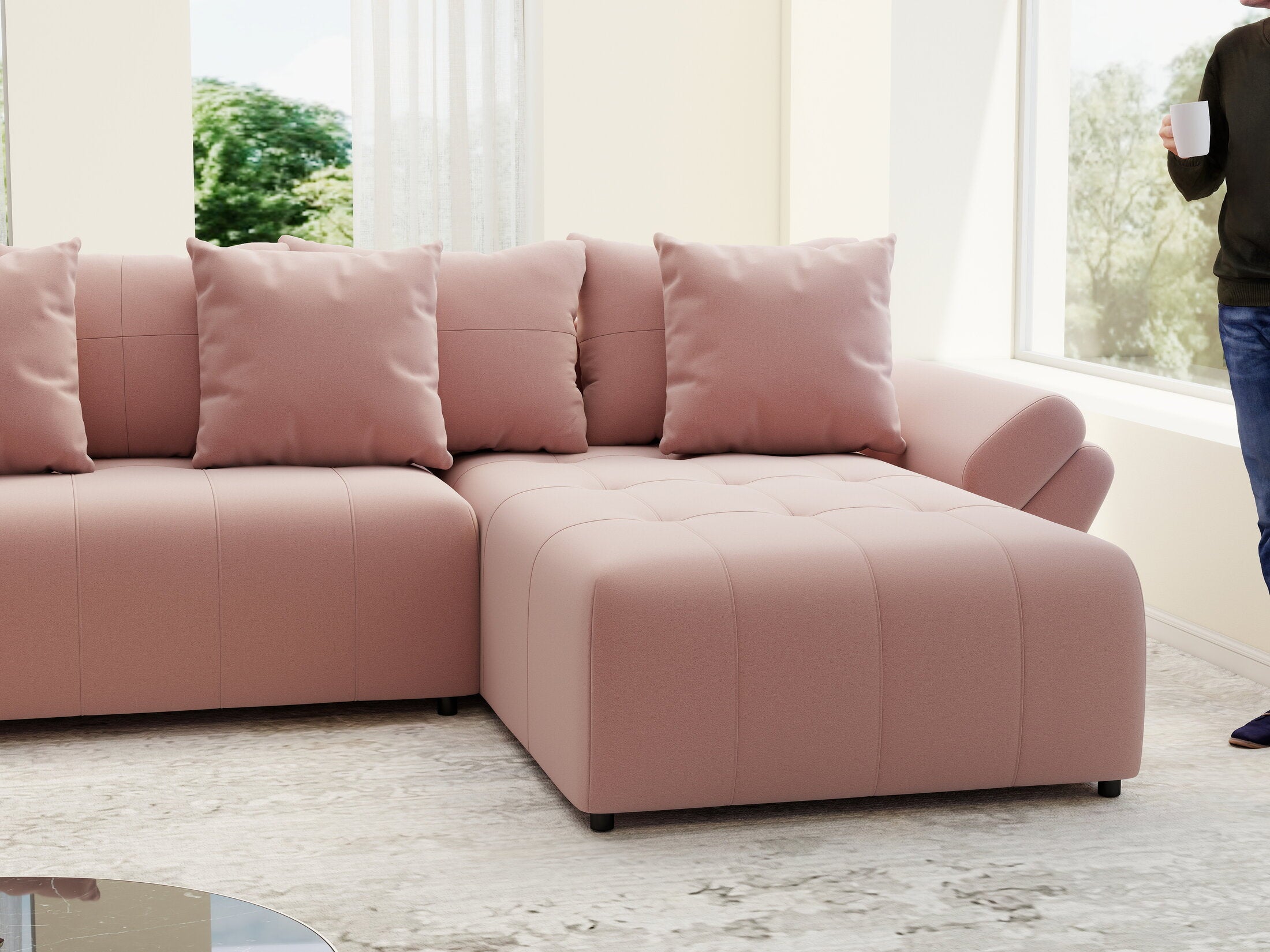 Colțar extensibil dumonde cu ladă de depozitare si sezut confortabil din spuma HR, Berlin U Royal Roz 380x180 cm