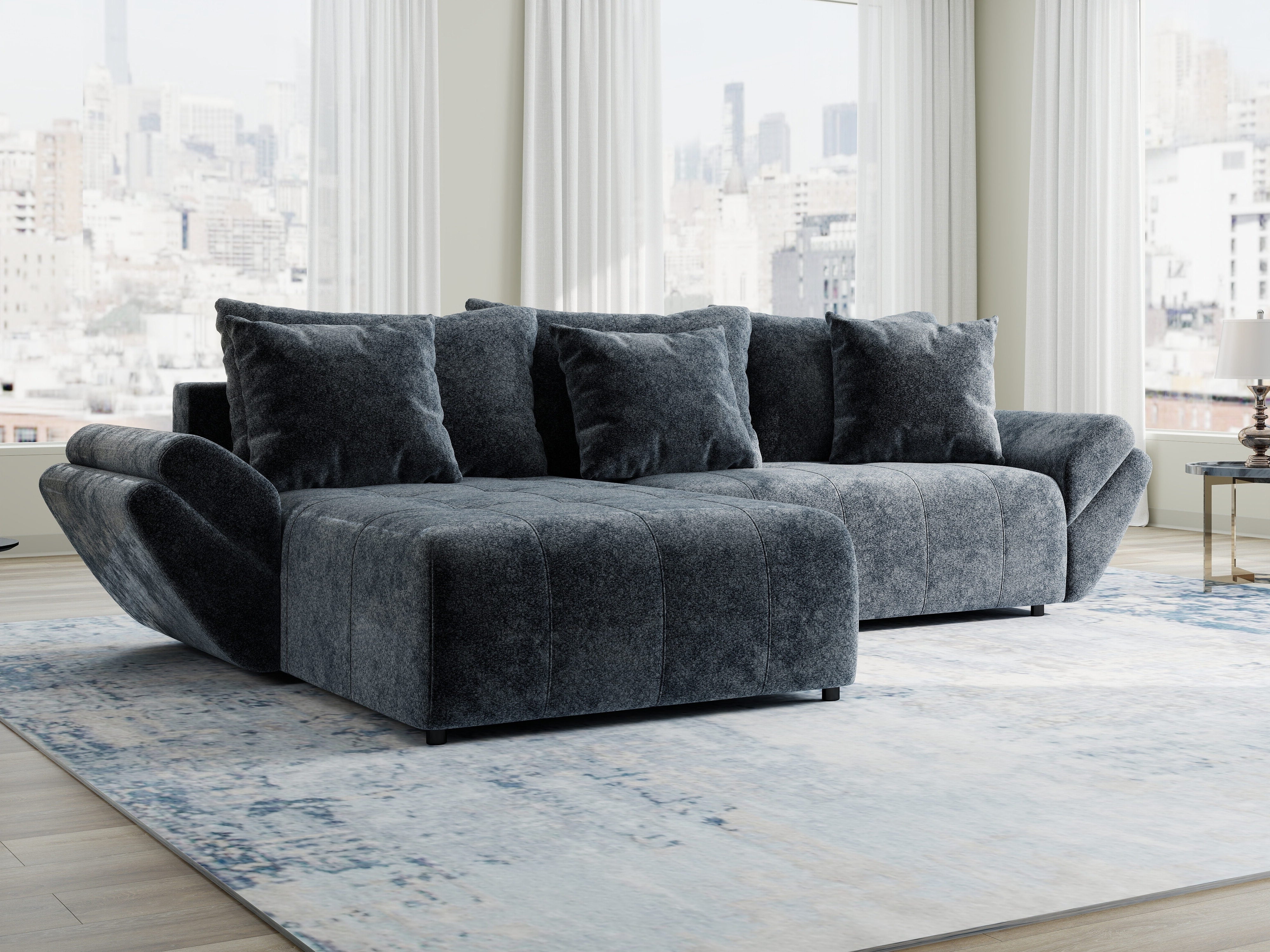 Colțar extensibil dumonde cu ladă de depozitare si sezut confortabil din spuma HR, Berlin Euphoria Gri Grafit 280x185 cm