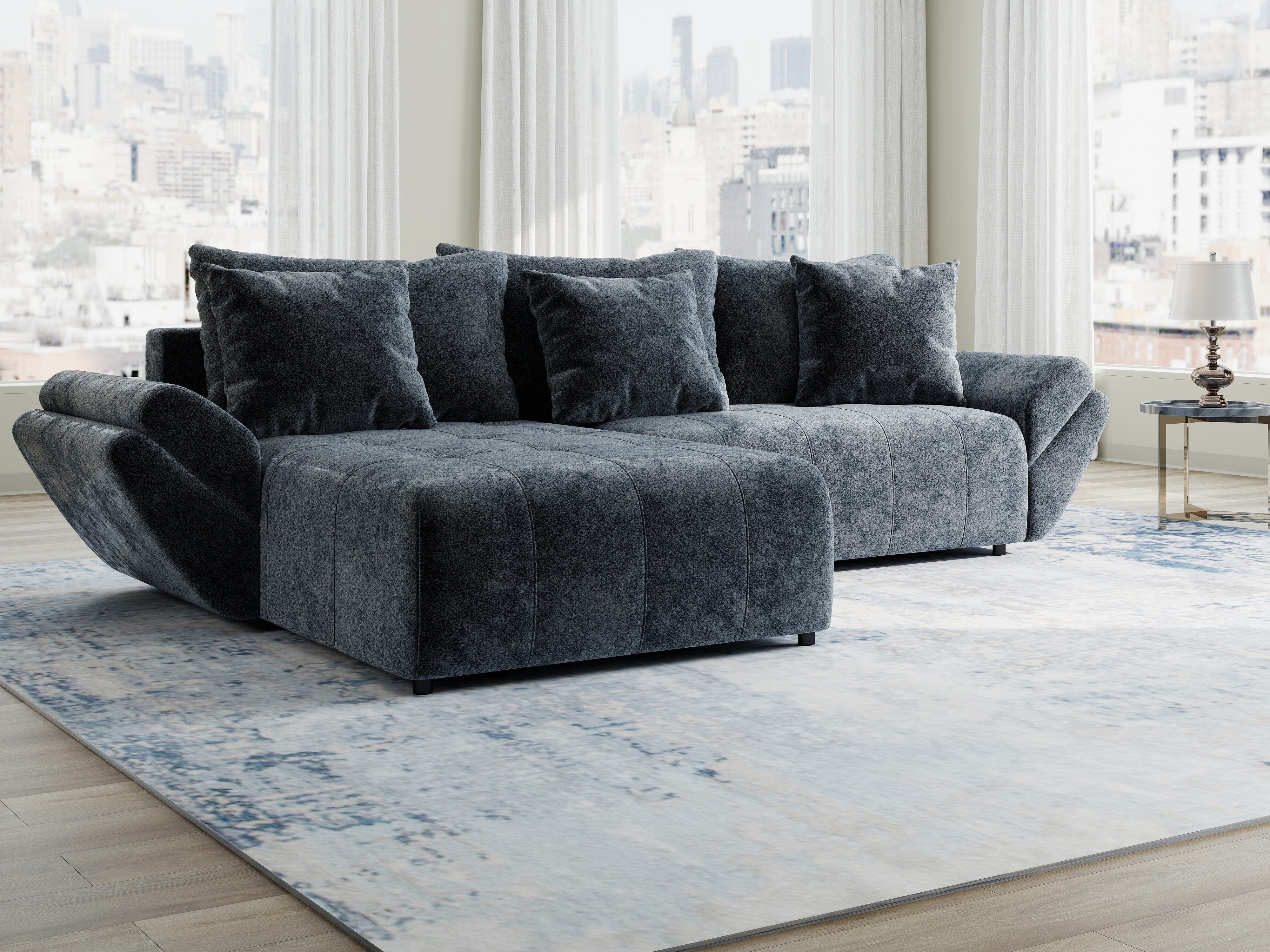 Colțar extensibil dumonde cu ladă de depozitare si sezut confortabil din spuma HR, Berlin Euphoria Gri Grafit 280x185 cm