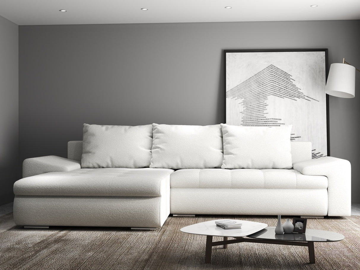Colțar extensibil dumonde cu ladă de depozitare si sezut confortabil din spuma HR, Leonardo Euphoria Alb 255x193 cm