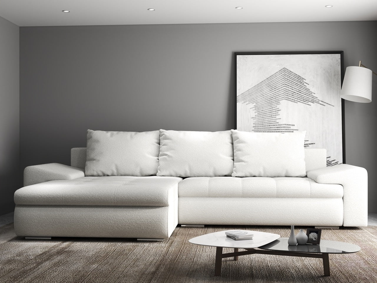 Colțar extensibil dumonde cu ladă de depozitare si sezut confortabil din spuma HR, Leonardo Euphoria Alb 255x193 cm Fabrica