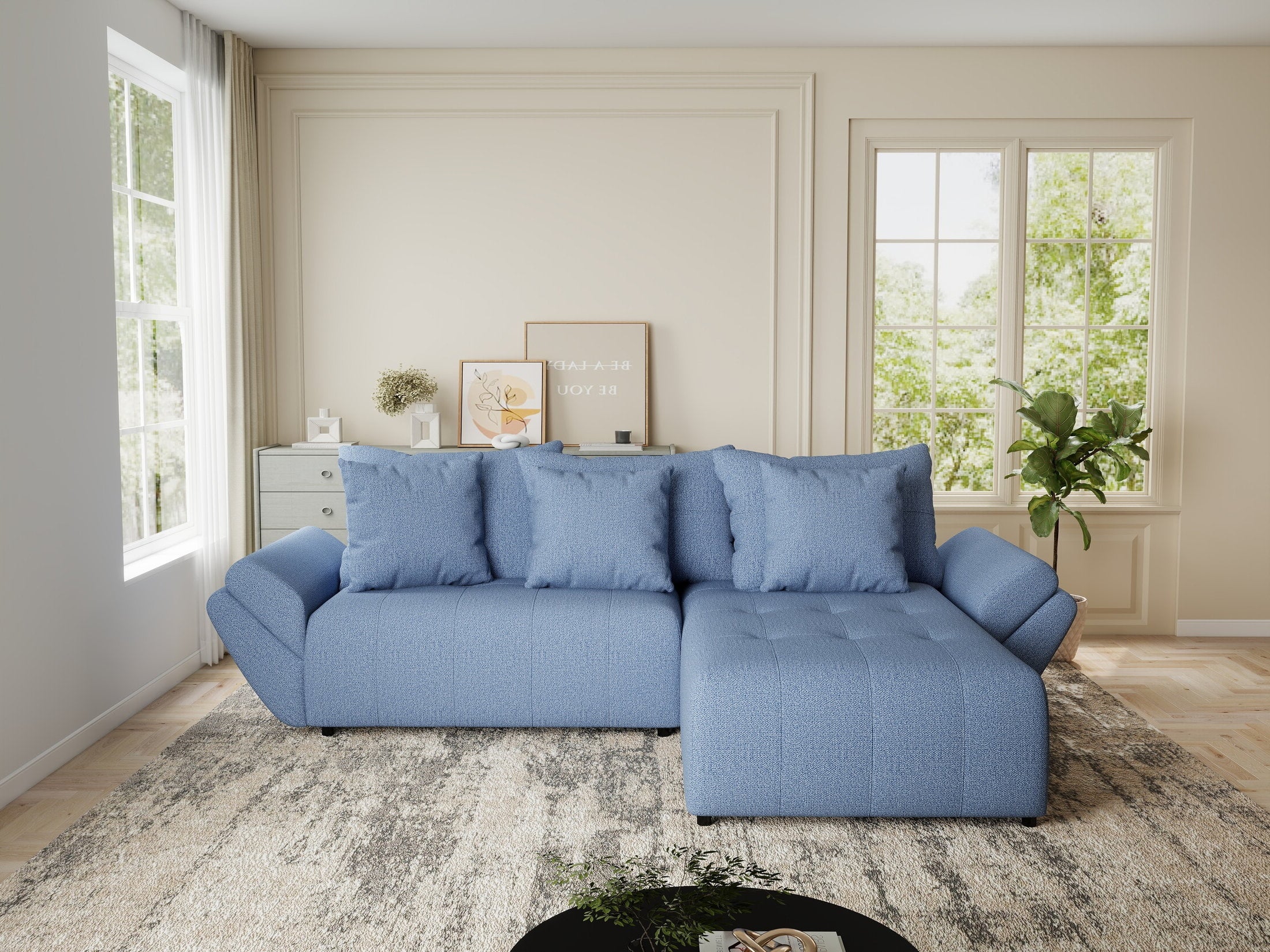 Colțar extensibil dumonde cu ladă de depozitare si sezut confortabil din spuma HR, Berlin Enjoy Albastru 280x185 cm II