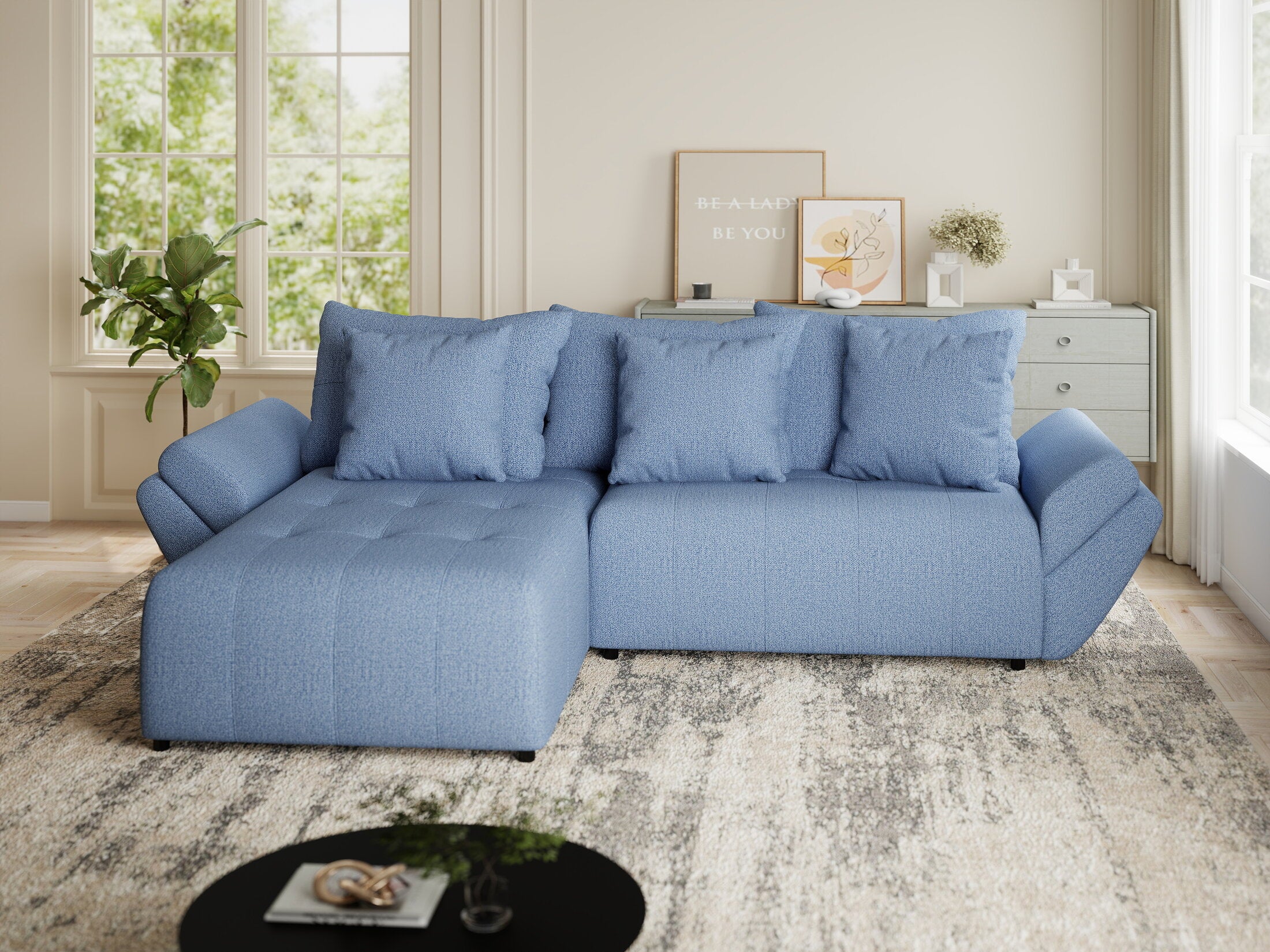 Colțar extensibil dumonde cu ladă de depozitare si sezut confortabil din spuma HR, Berlin Enjoy Albastru 280x185 cm