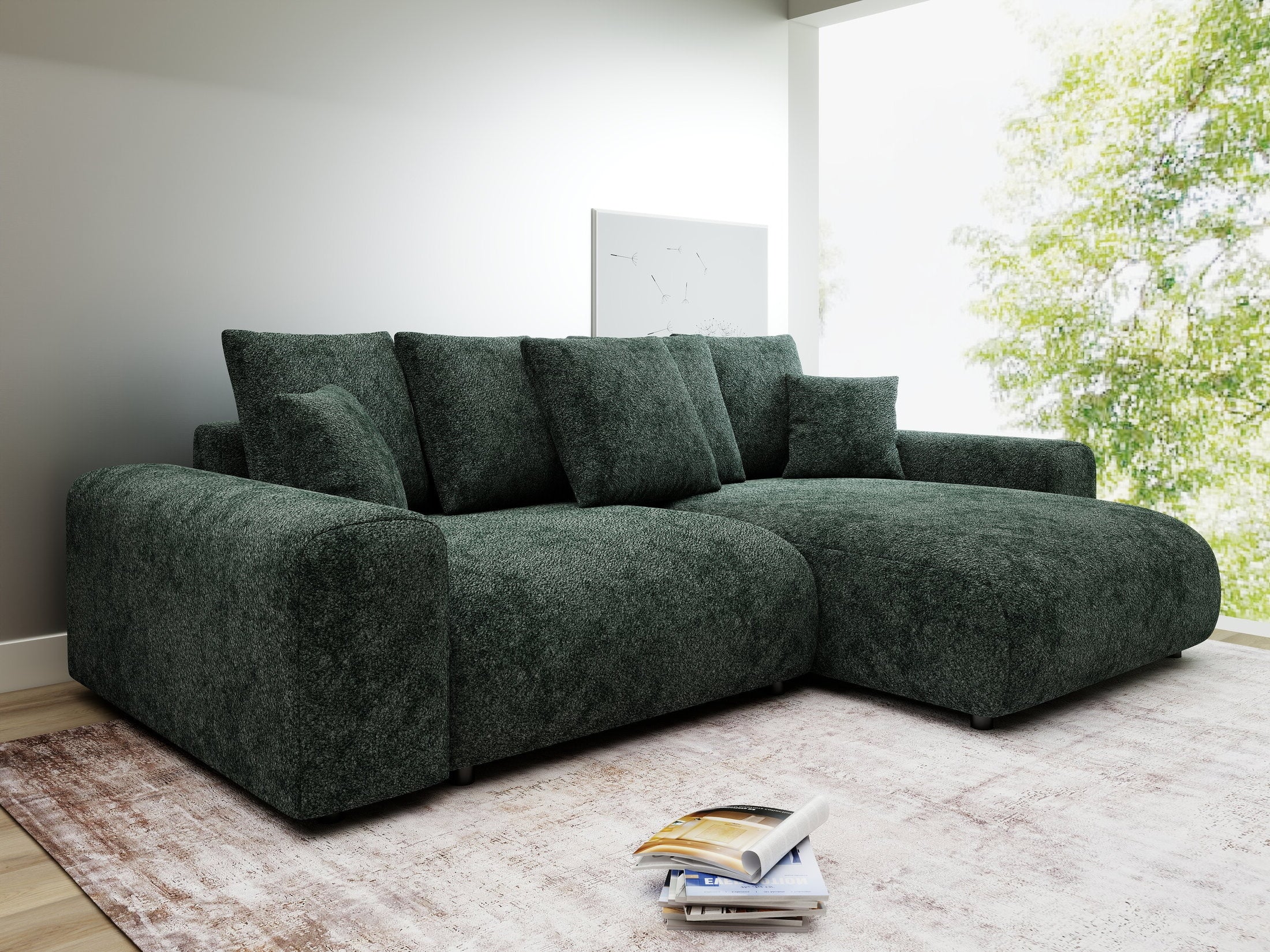 Colțar extensibil dumonde cu ladă de depozitare și șezut confortabil din spumă HR, Luma Euphoria Verde 255x168 cm II